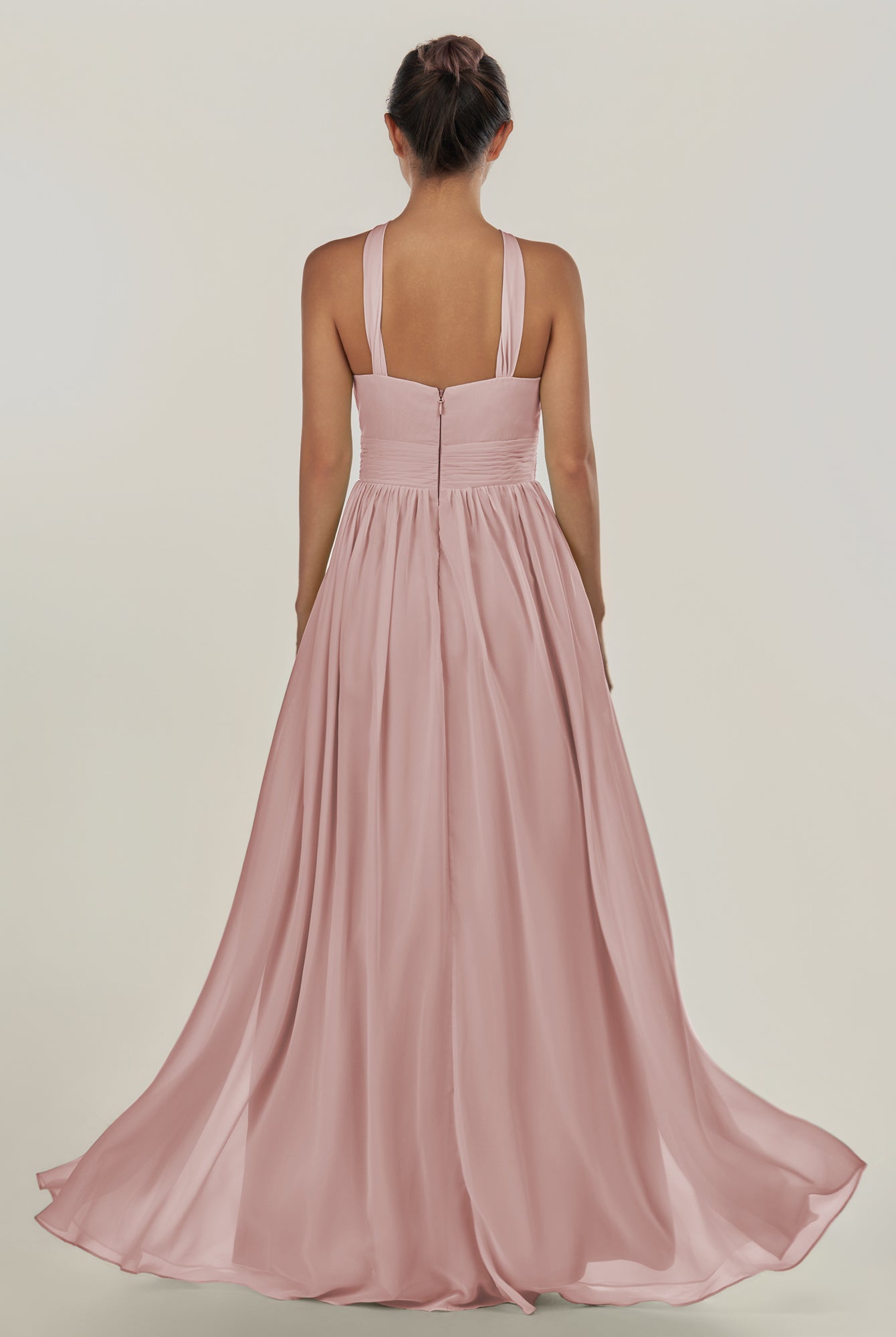 KissDress-Ciri Dusty Rose A Line Chiffon Halter Neck Pleated Long Bridesmaid Dress with Slit