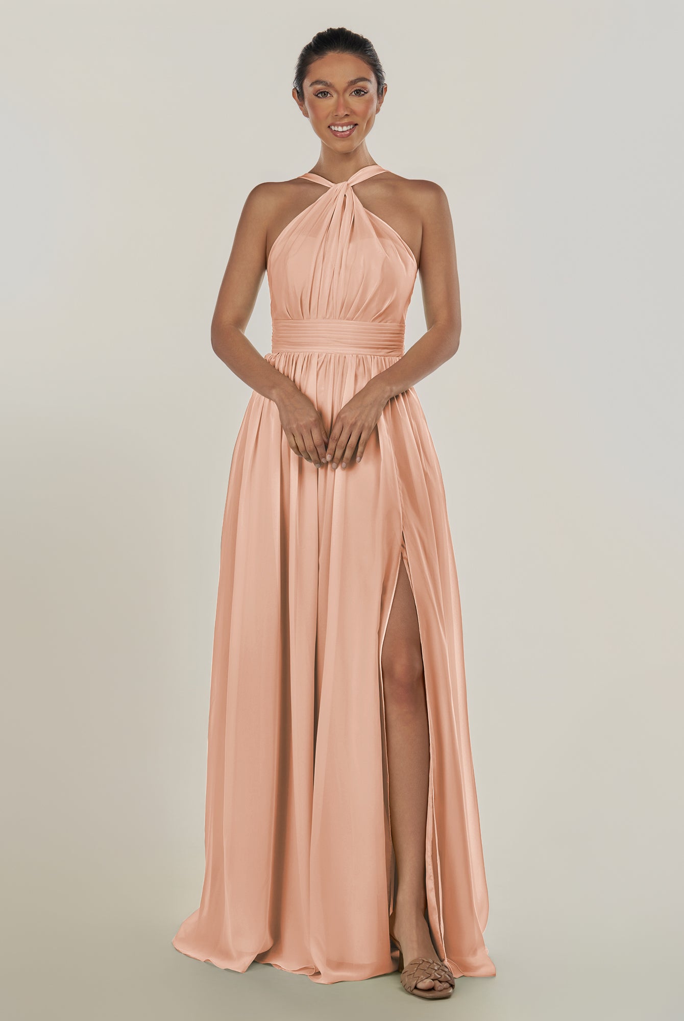 KissDress-Ciri English Rose A Line Chiffon Halter Neck Pleated Long Bridesmaid Dress with Slit