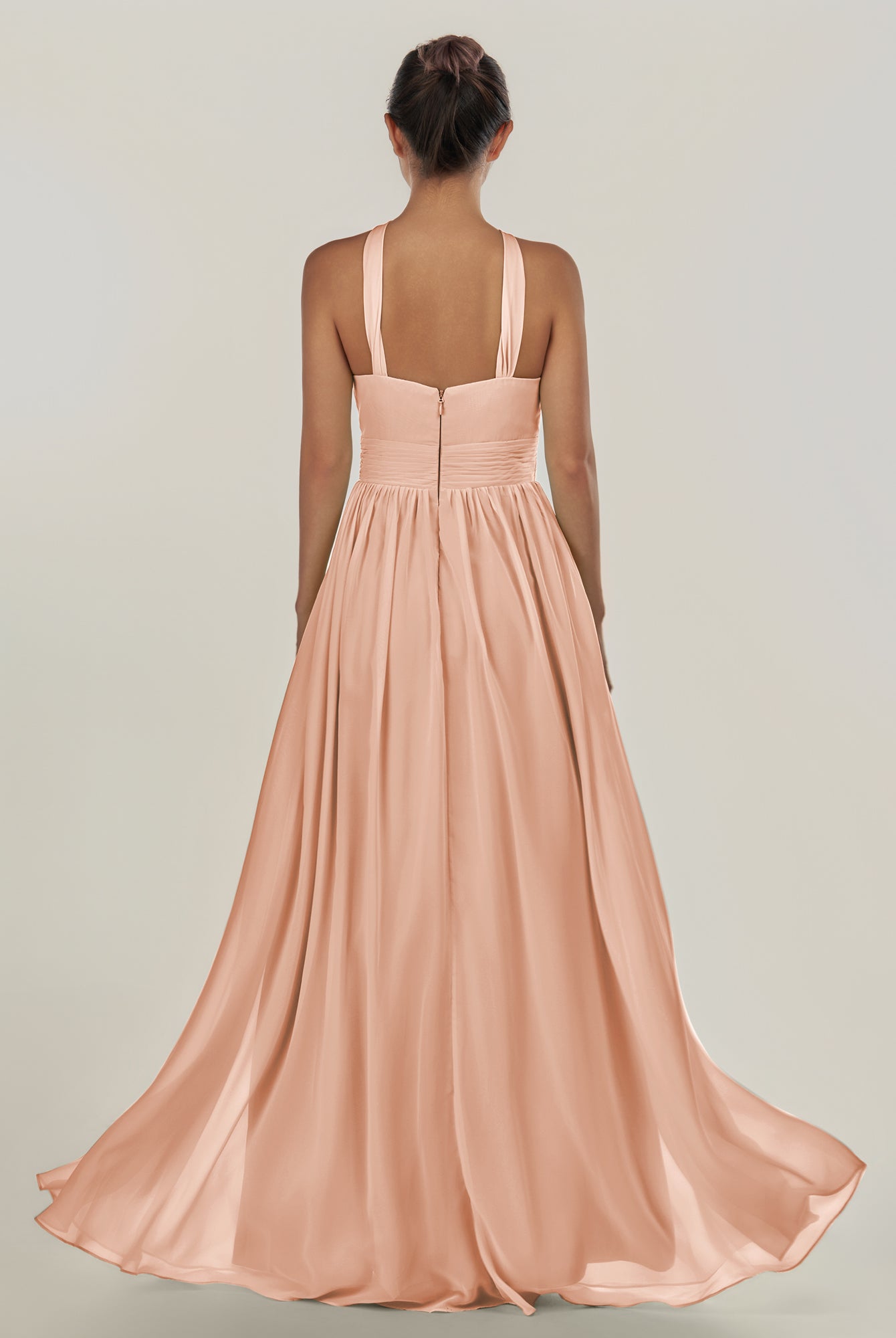 KissDress-Ciri English Rose A Line Chiffon Halter Neck Pleated Long Bridesmaid Dress with Slit