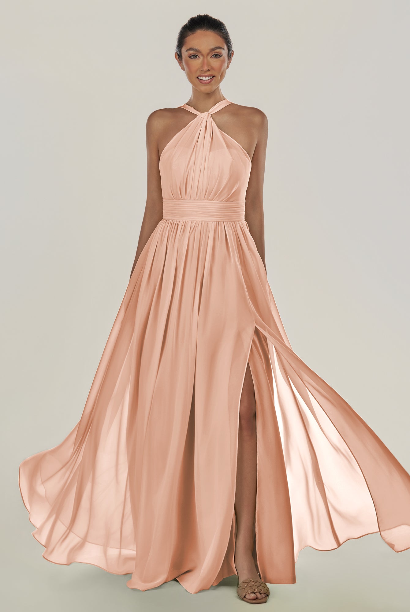 KissDress-Ciri English Rose A Line Chiffon Halter Neck Pleated Long Bridesmaid Dress with Slit