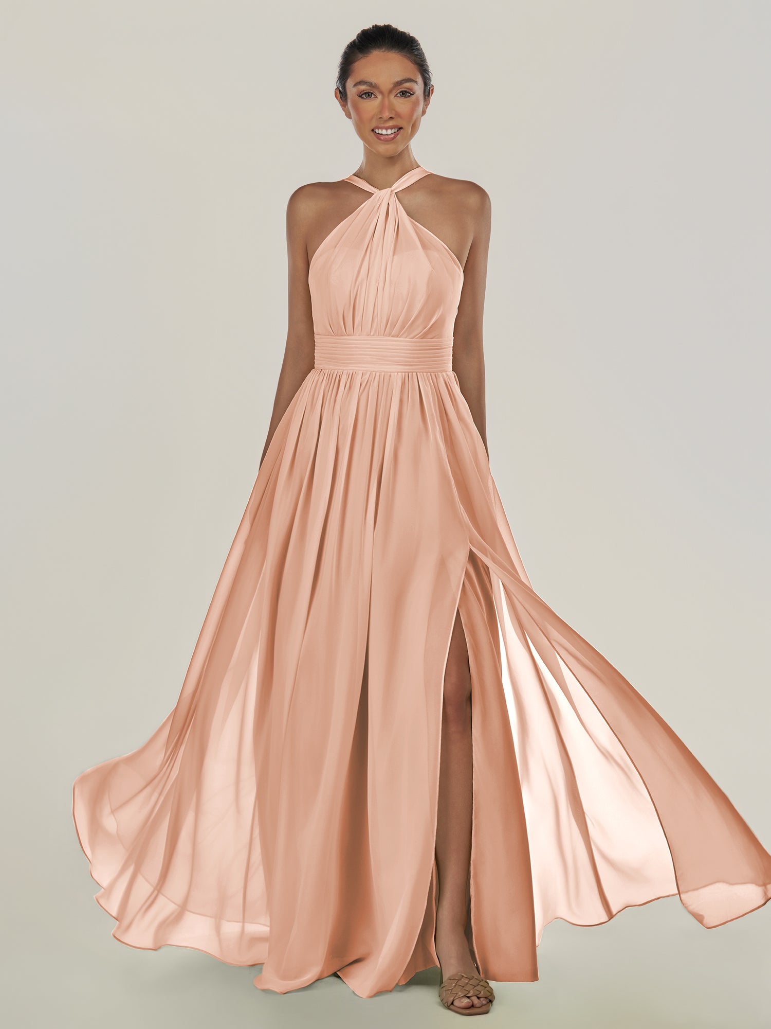 KissDress-Ciri English Rose A Line Chiffon Halter Neck Pleated Long Bridesmaid Dress with Slit