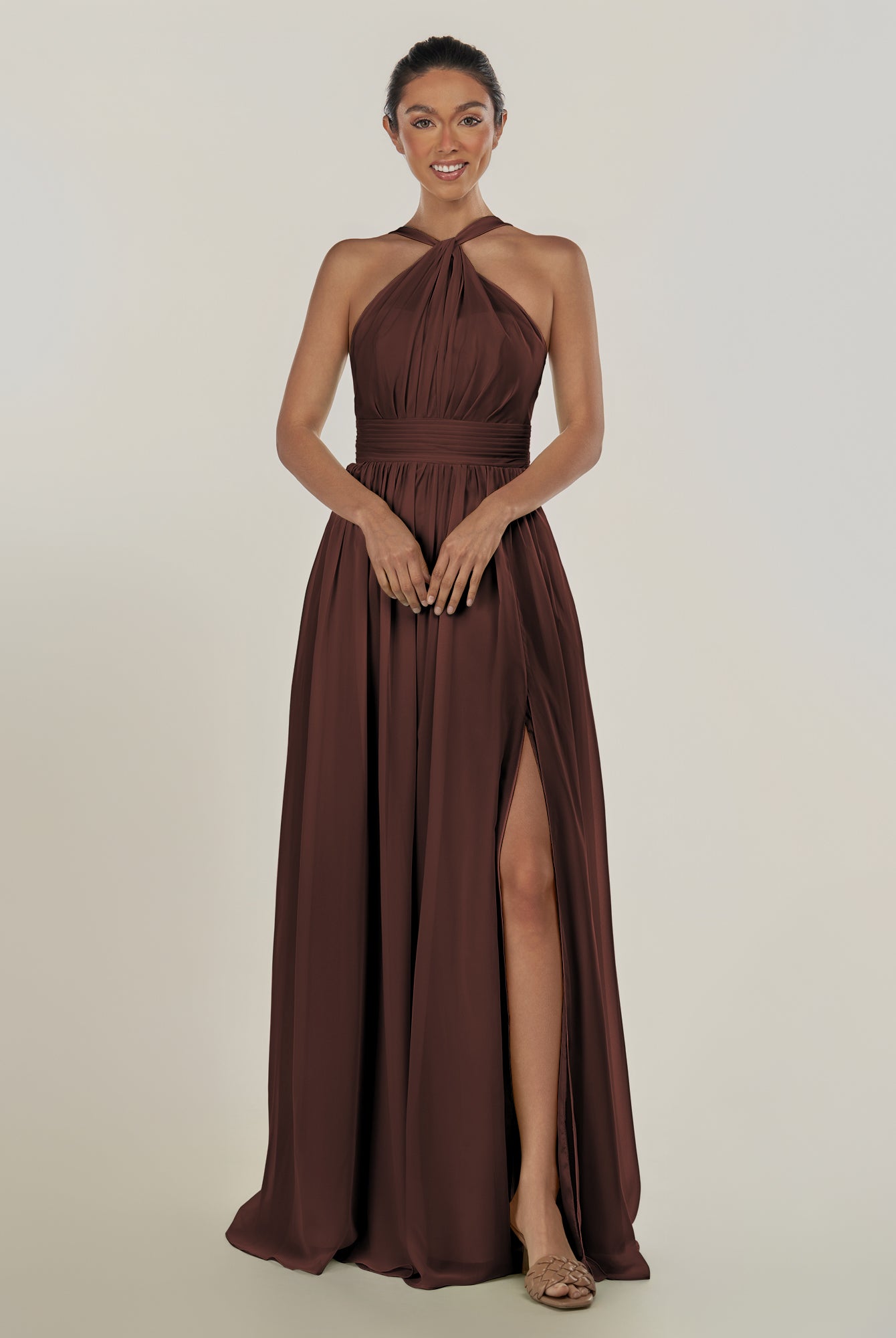 KissDress-Ciri Espresso A Line Chiffon Halter Neck Pleated Long Bridesmaid Dress with Slit