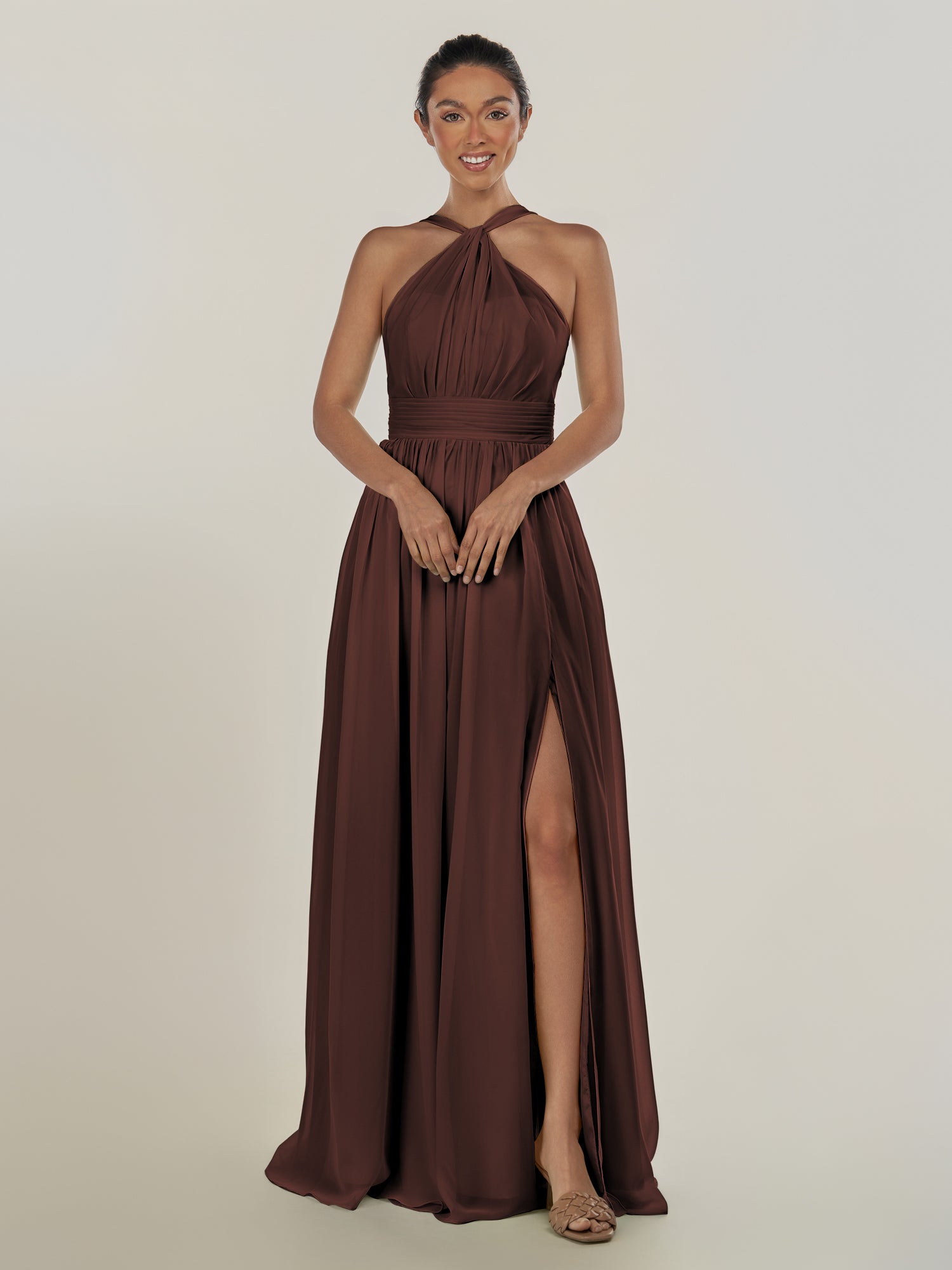 KissDress-Ciri Espresso A Line Chiffon Halter Neck Pleated Long Bridesmaid Dress with Slit