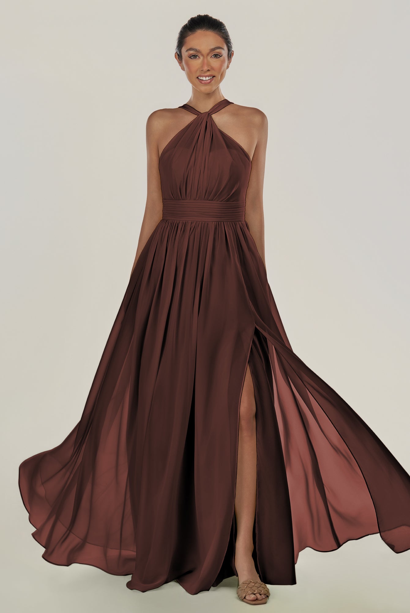 KissDress-Ciri Espresso A Line Chiffon Halter Neck Pleated Long Bridesmaid Dress with Slit