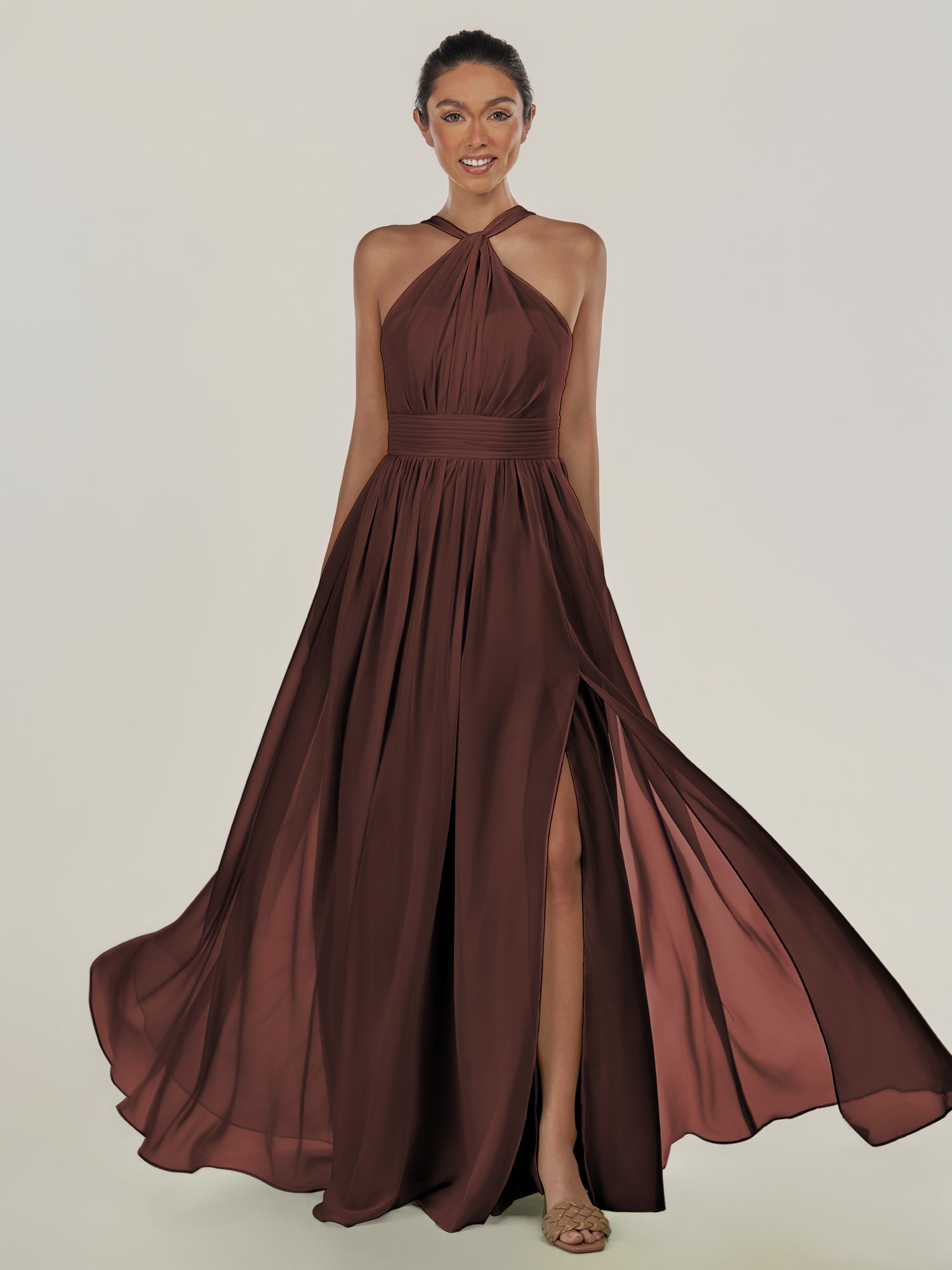 KissDress-Ciri Espresso A Line Chiffon Halter Neck Pleated Long Bridesmaid Dress with Slit