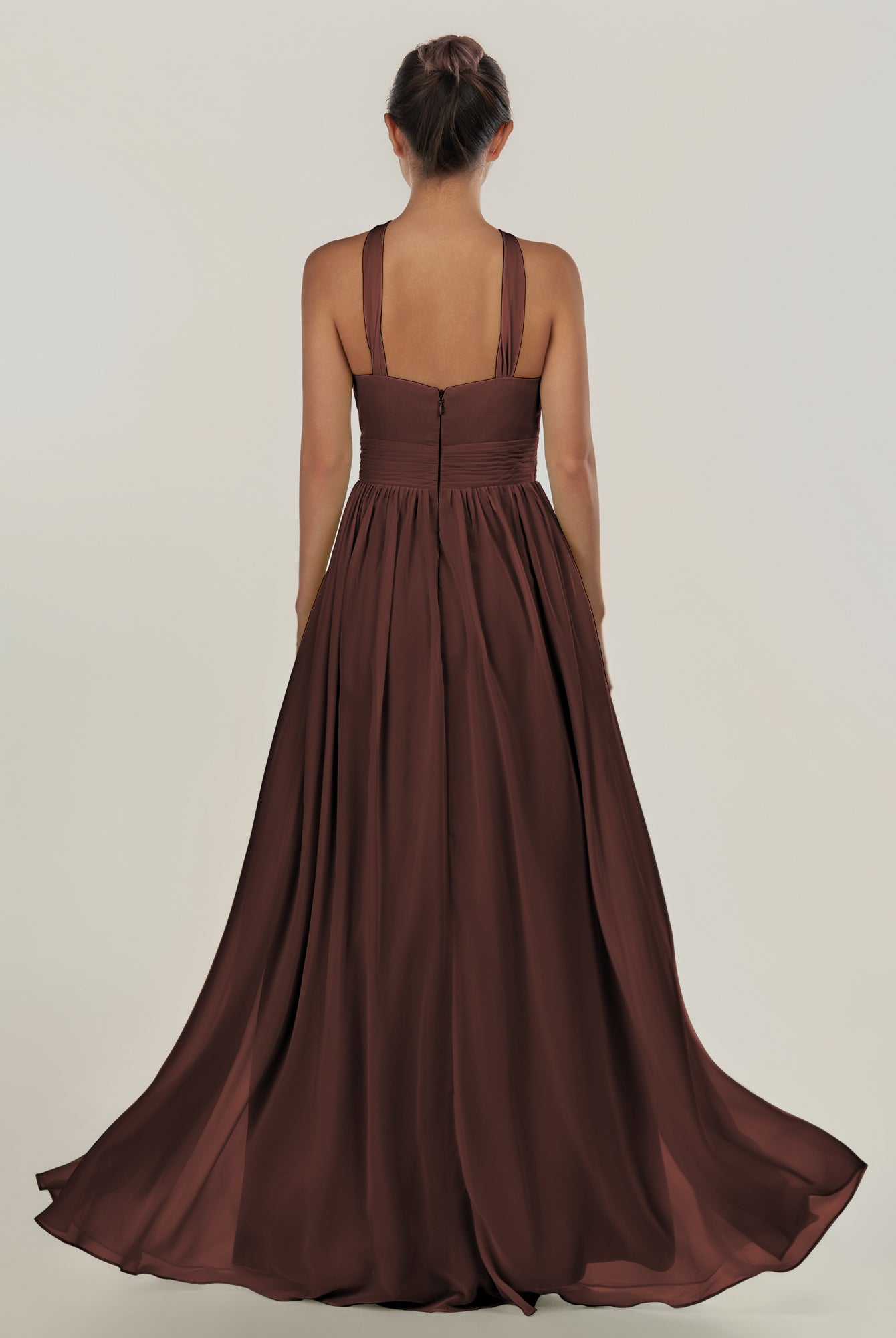 KissDress-Ciri Espresso A Line Chiffon Halter Neck Pleated Long Bridesmaid Dress with Slit