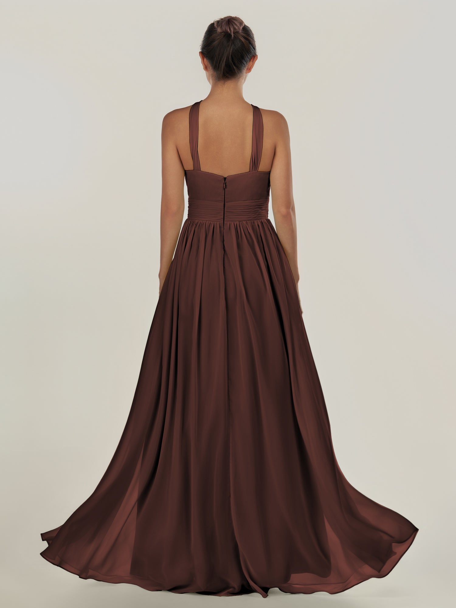 KissDress-Ciri Espresso A Line Chiffon Halter Neck Pleated Long Bridesmaid Dress with Slit