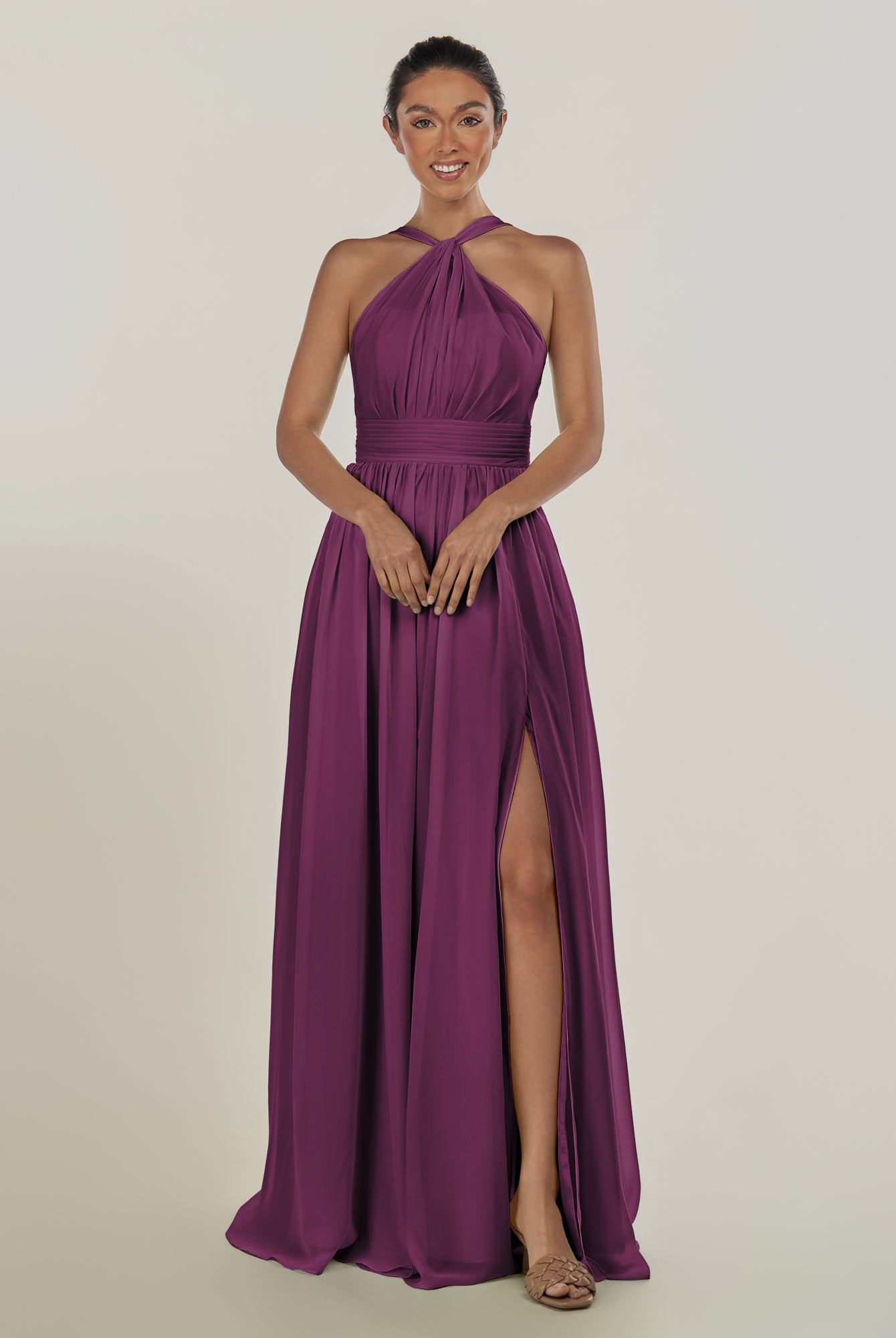 KissDress-Ciri Fig A Line Chiffon Halter Neck Pleated Long Bridesmaid Dress with Slit