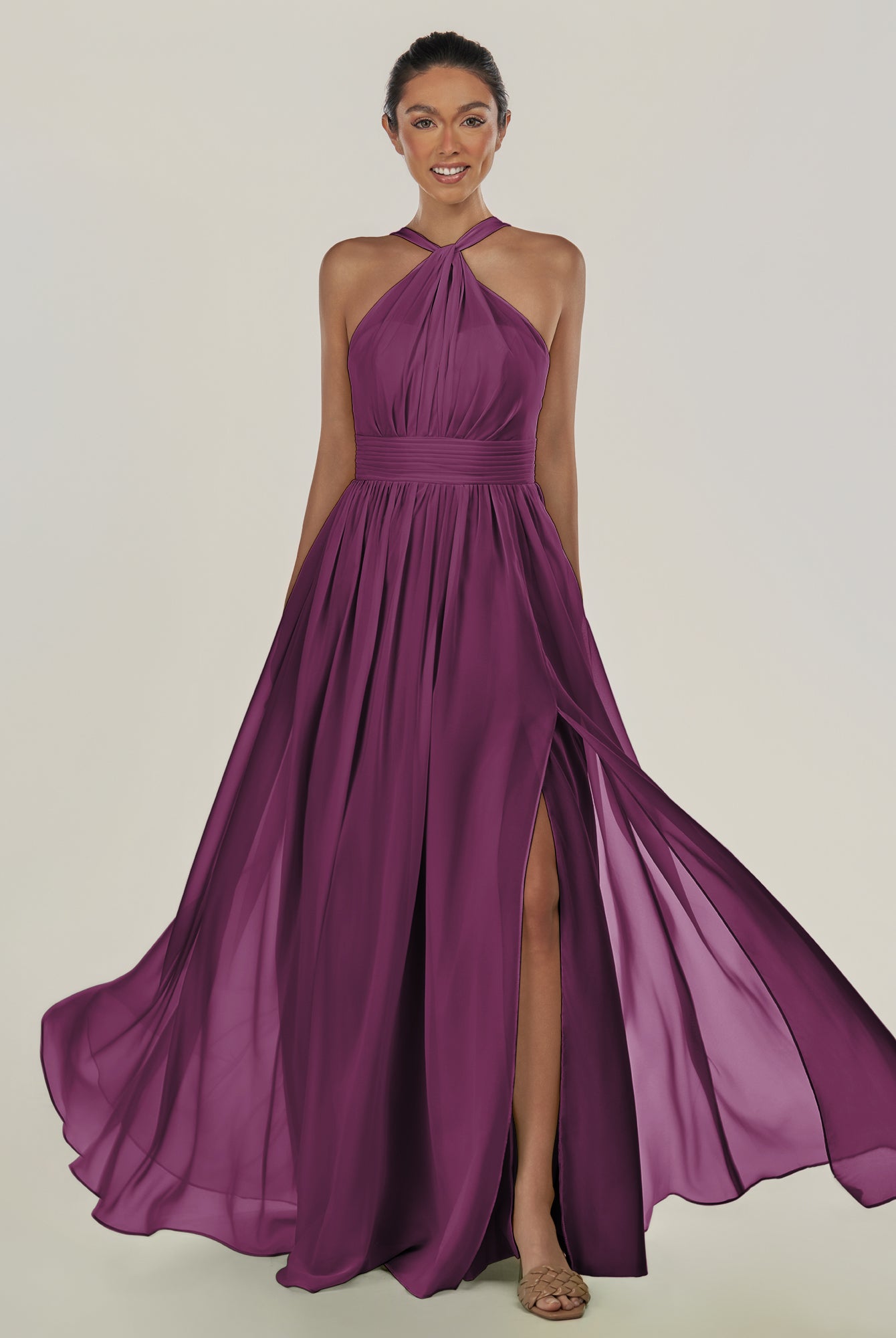 KissDress-Ciri Fig A Line Chiffon Halter Neck Pleated Long Bridesmaid Dress with Slit