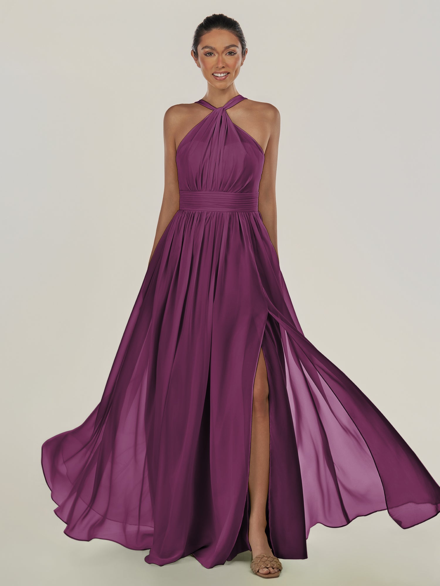 KissDress-Ciri Fig A Line Chiffon Halter Neck Pleated Long Bridesmaid Dress with Slit