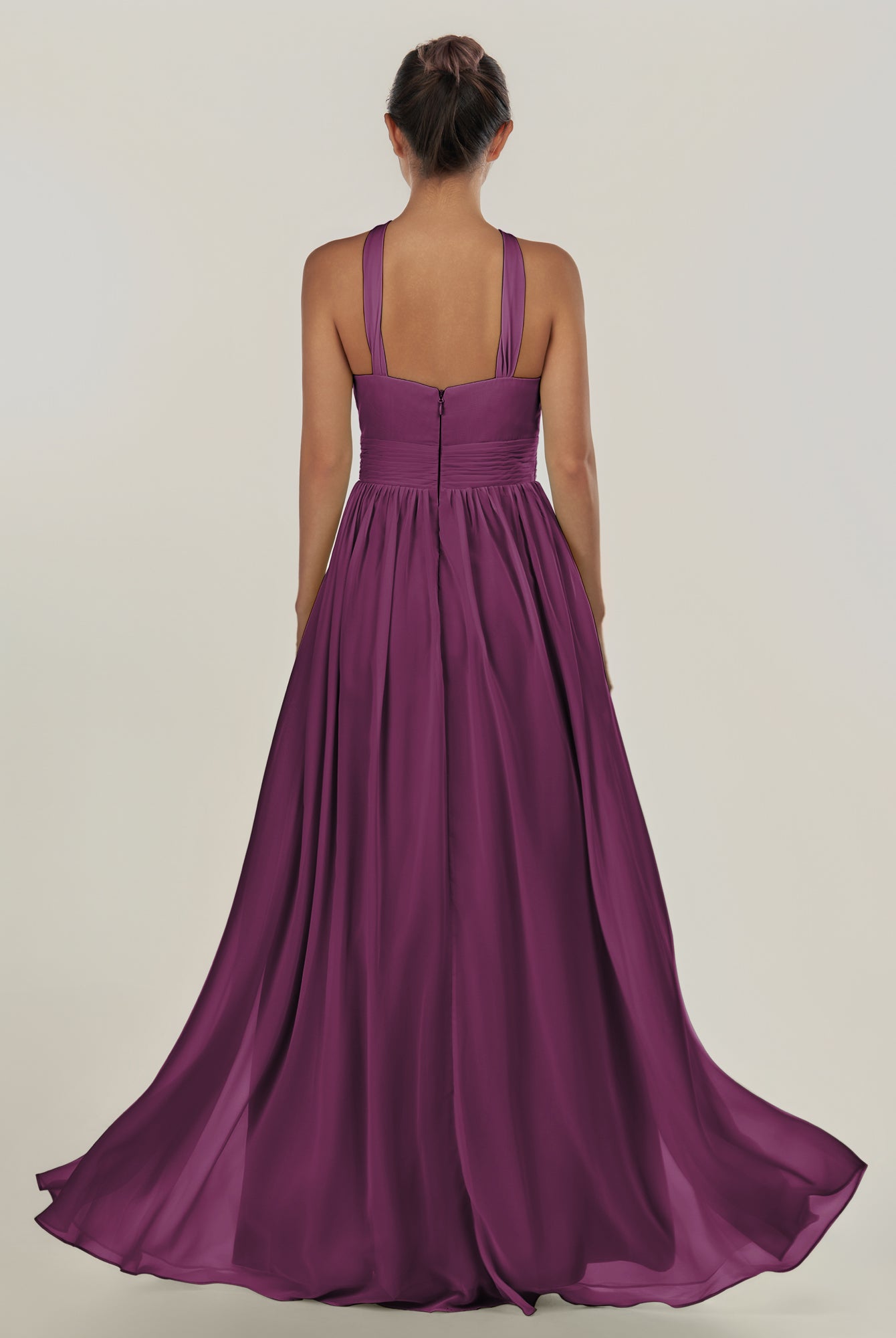 KissDress-Ciri Fig A Line Chiffon Halter Neck Pleated Long Bridesmaid Dress with Slit