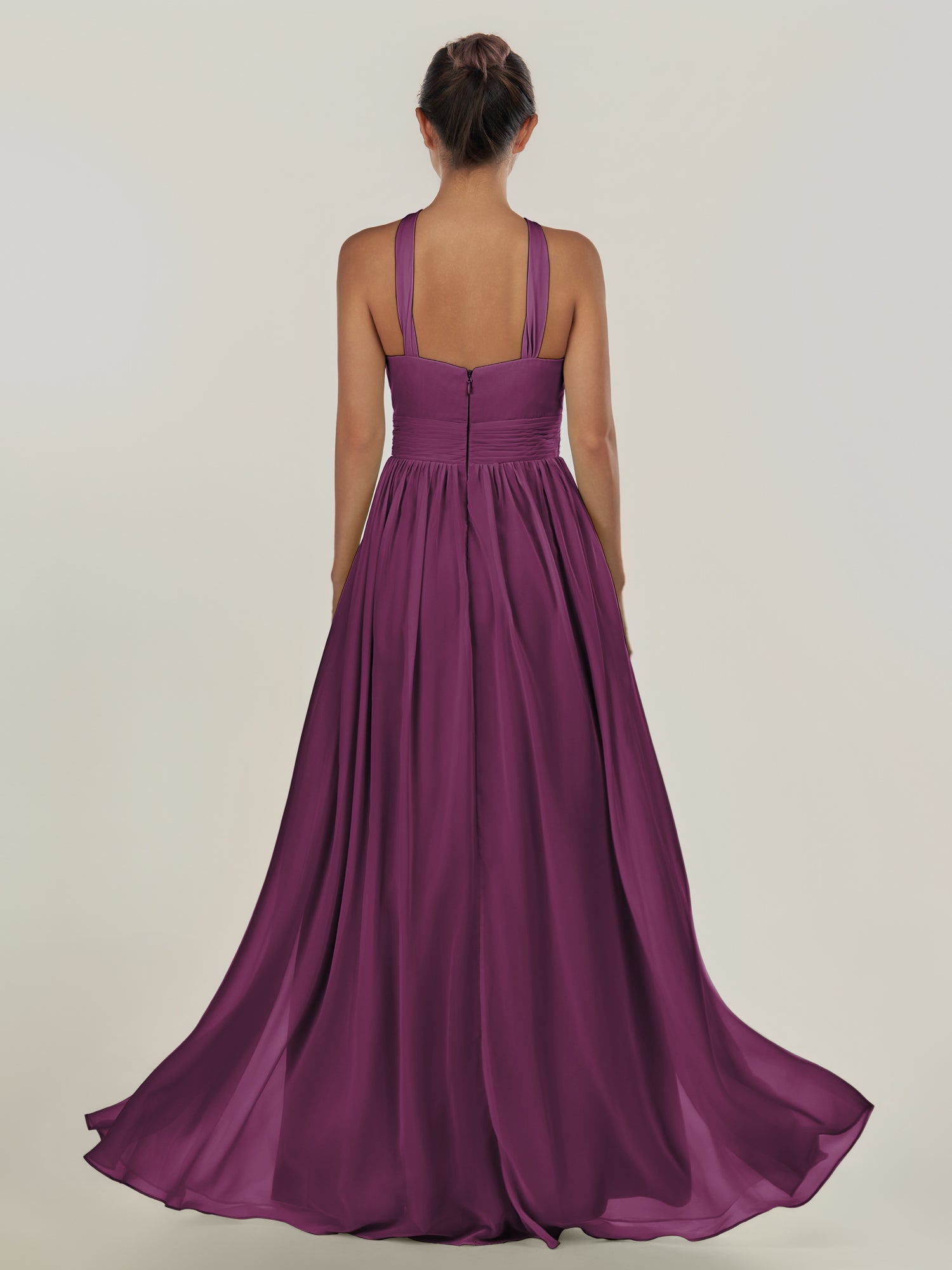 KissDress-Ciri Fig A Line Chiffon Halter Neck Pleated Long Bridesmaid Dress with Slit