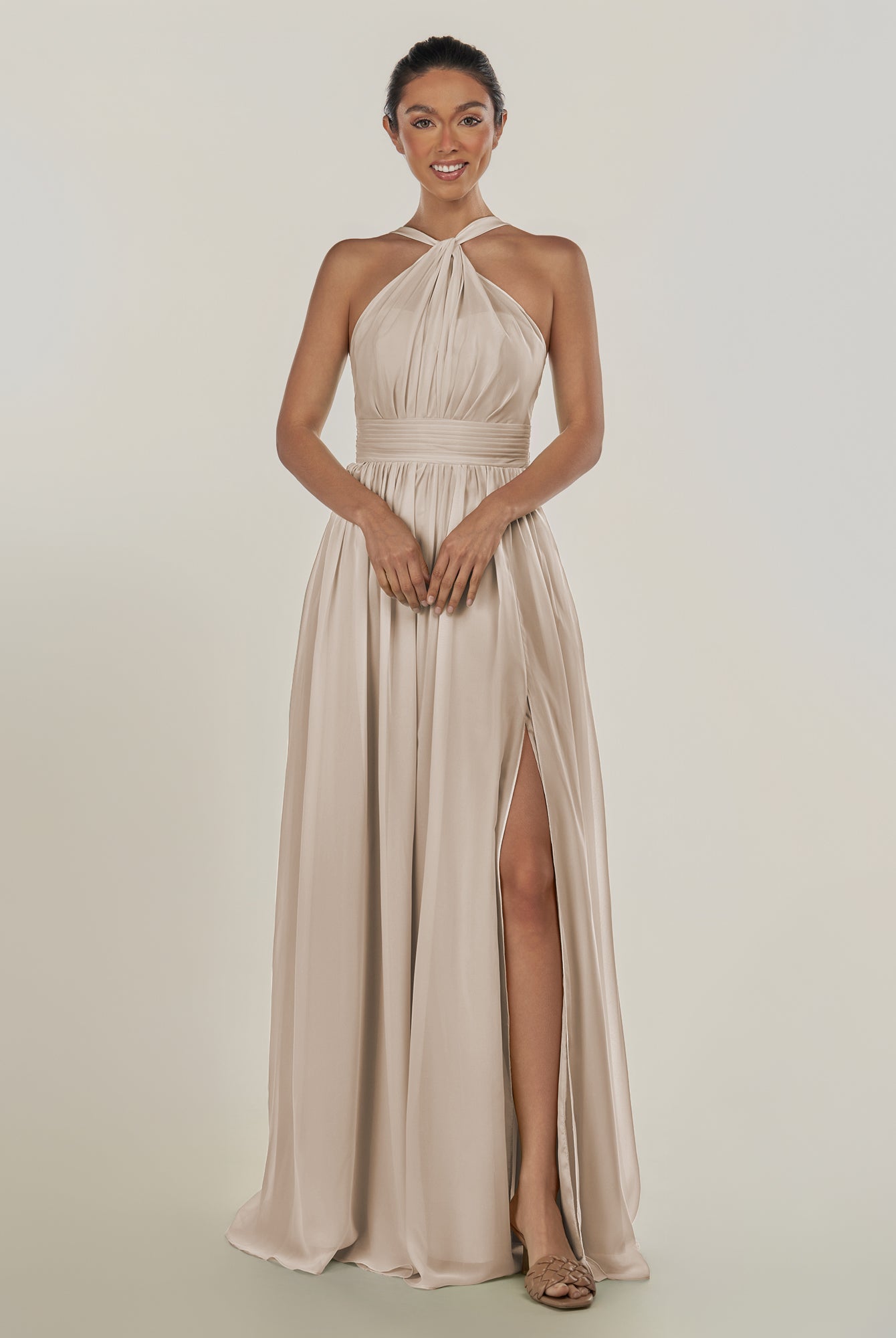 KissDress-Ciri Frost A Line Chiffon Halter Neck Pleated Long Bridesmaid Dress with Slit