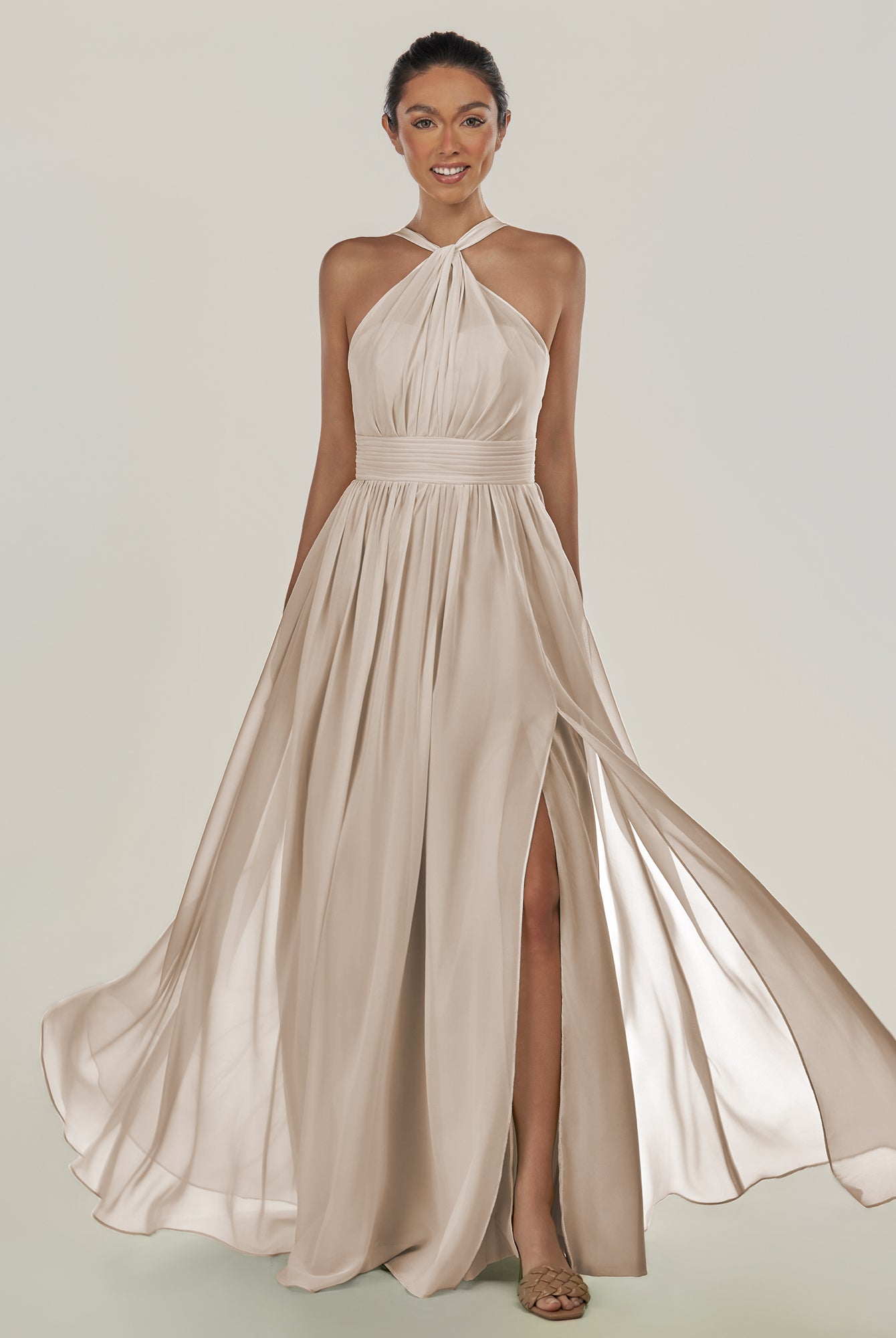 KissDress-Ciri Frost A Line Chiffon Halter Neck Pleated Long Bridesmaid Dress with Slit