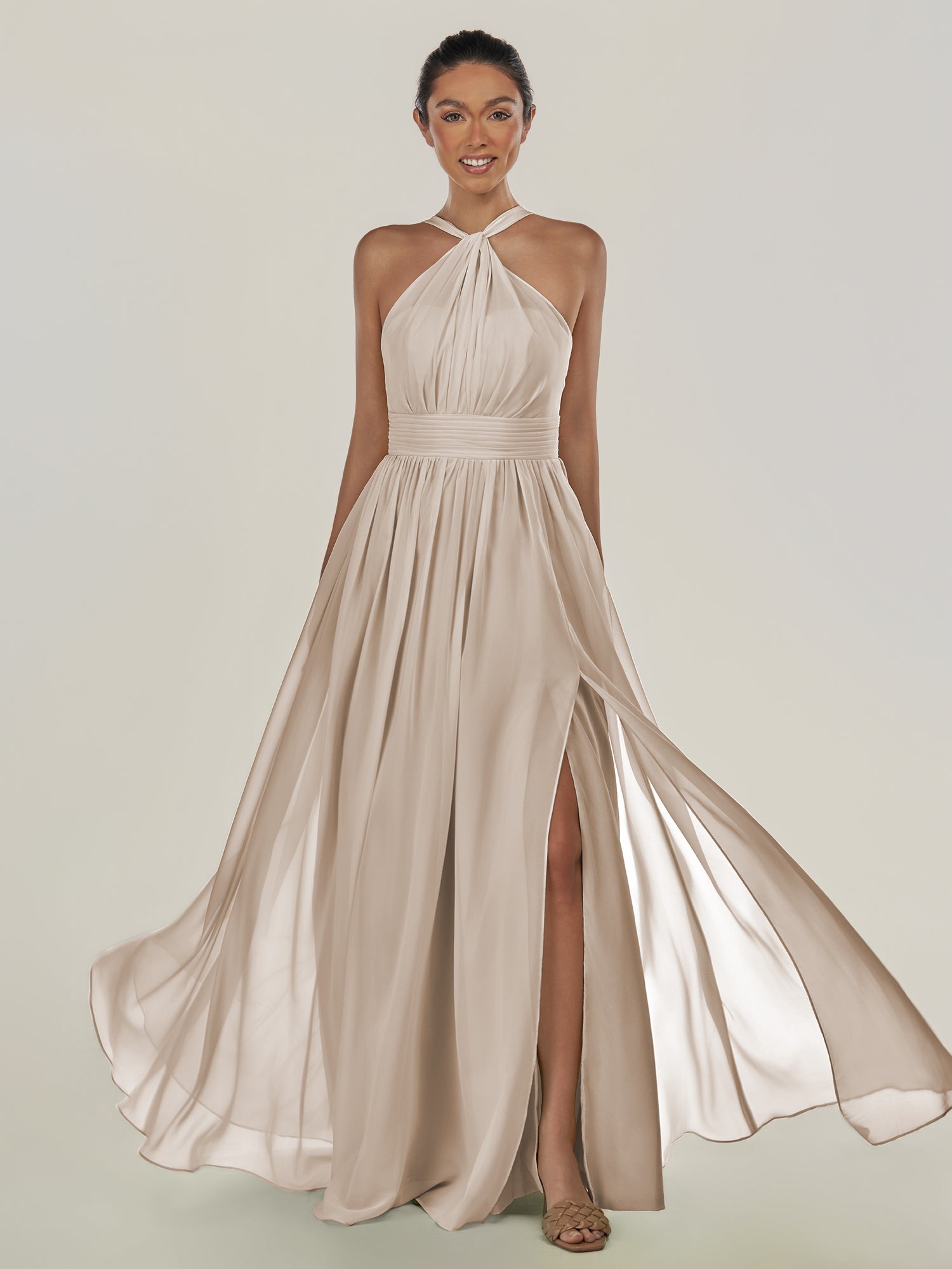 KissDress-Ciri Frost A Line Chiffon Halter Neck Pleated Long Bridesmaid Dress with Slit
