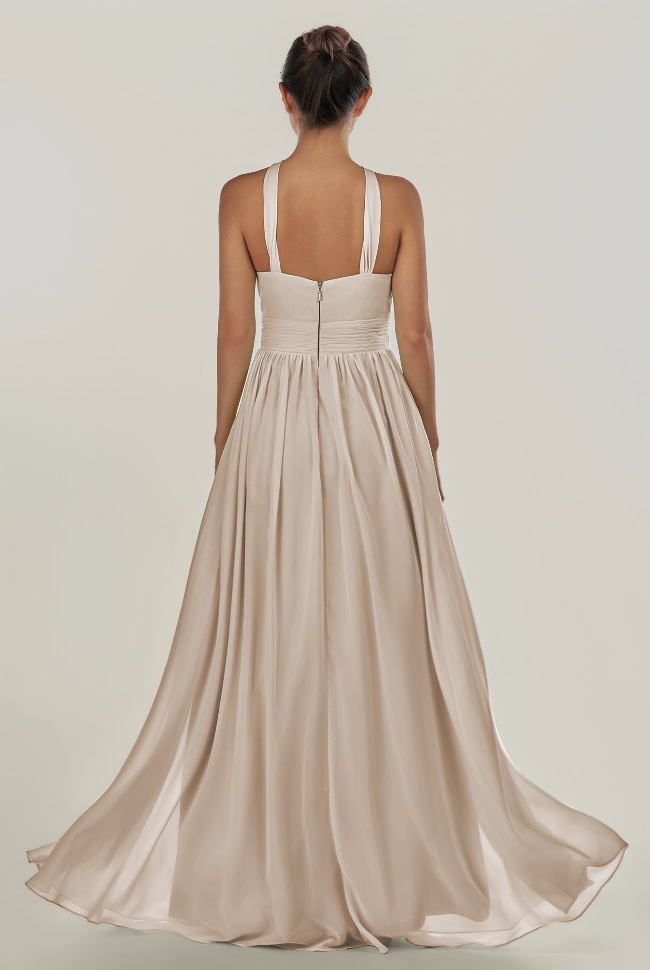 KissDress-Ciri Frost A Line Chiffon Halter Neck Pleated Long Bridesmaid Dress with Slit