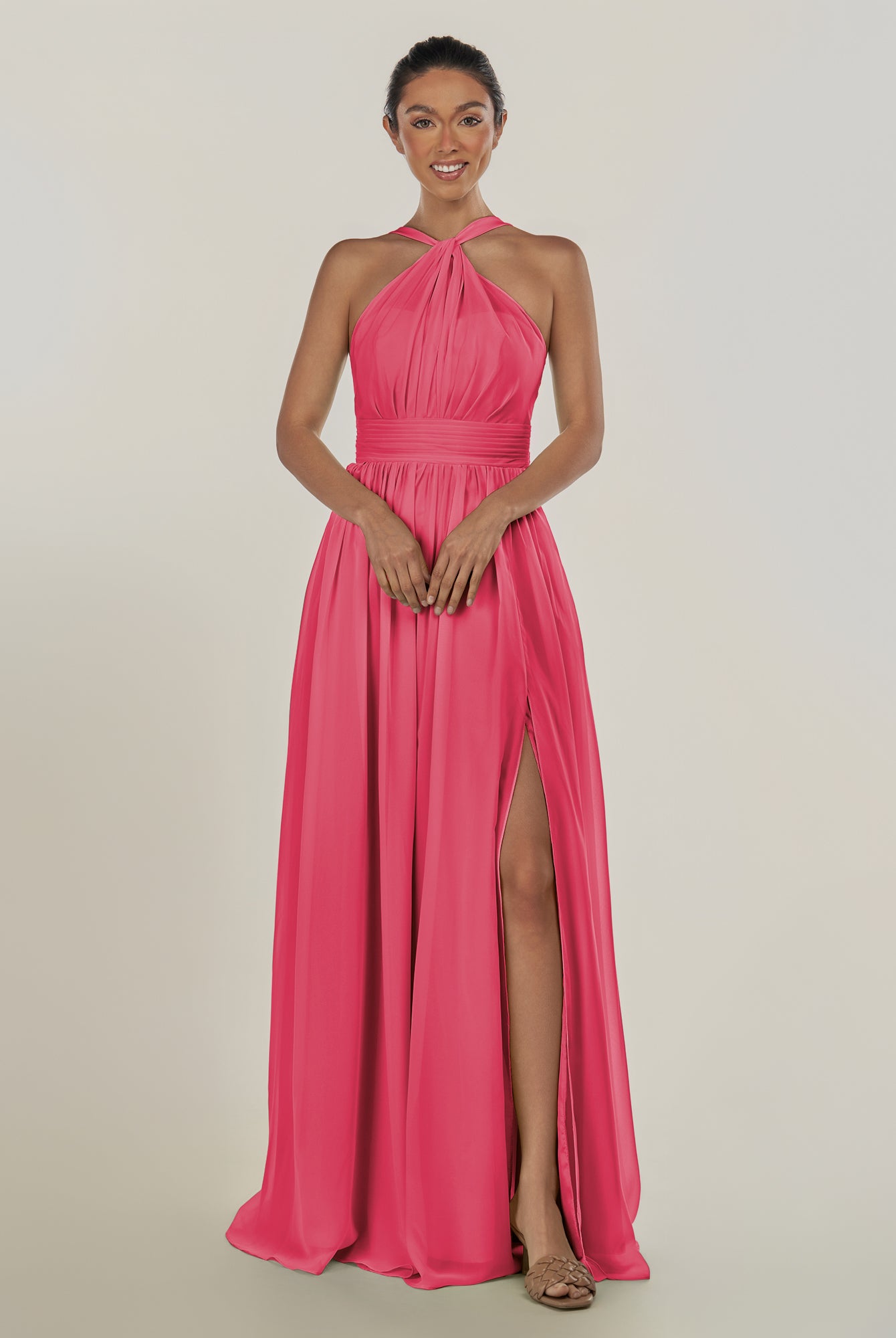 KissDress-Ciri Fuchsia A Line Chiffon Halter Neck Pleated Long Bridesmaid Dress with Slit
