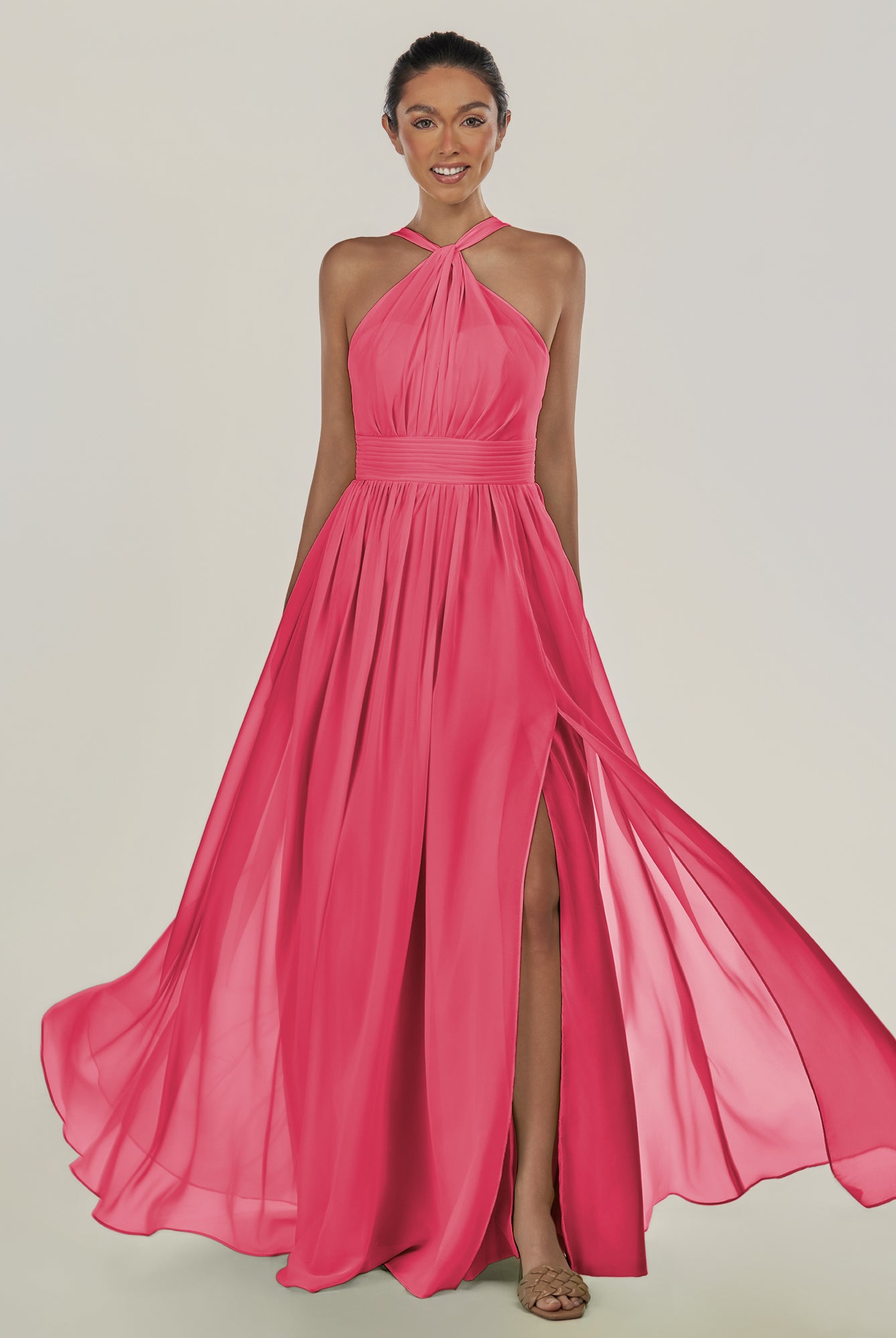 KissDress-Ciri Fuchsia A Line Chiffon Halter Neck Pleated Long Bridesmaid Dress with Slit