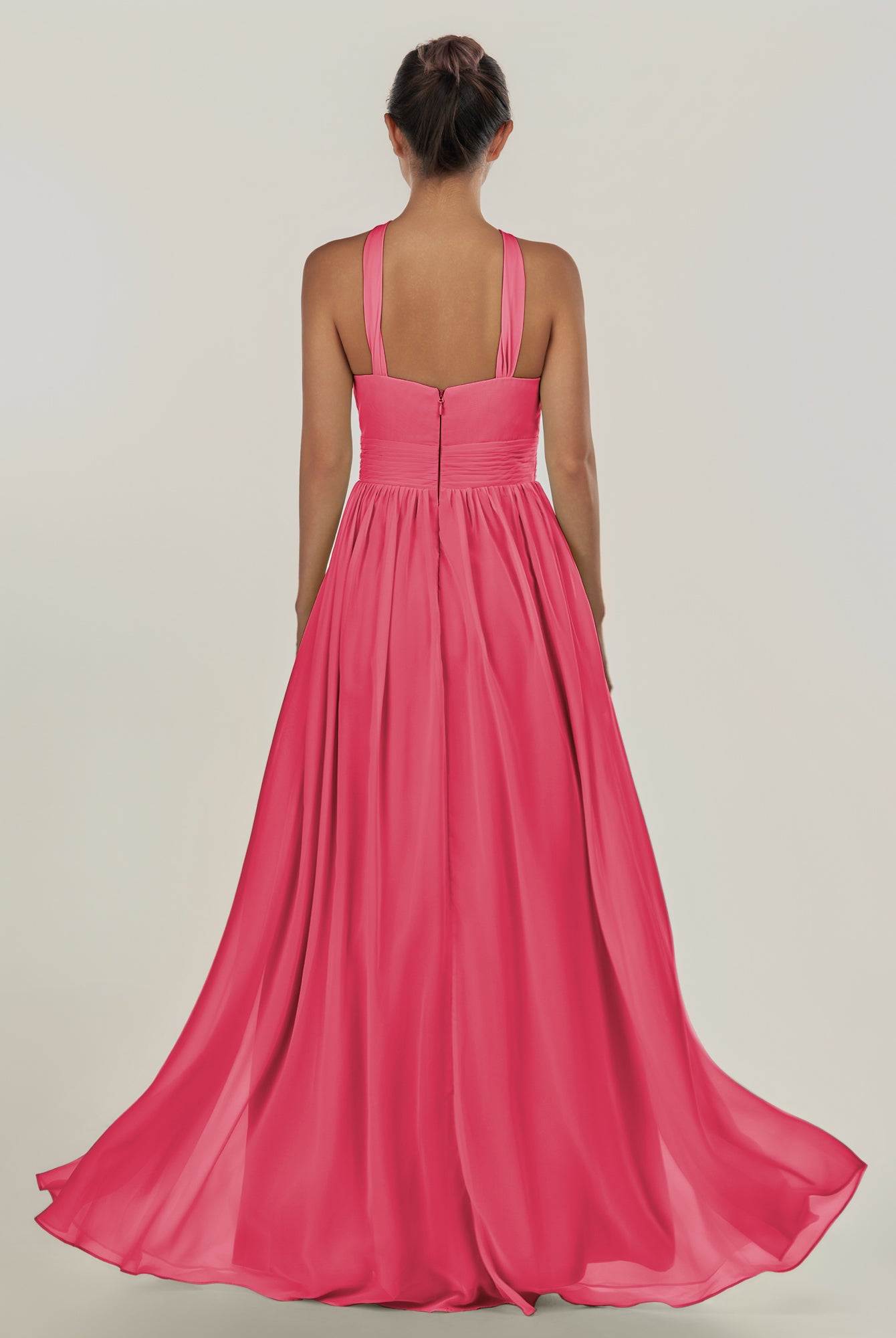 KissDress-Ciri Fuchsia A Line Chiffon Halter Neck Pleated Long Bridesmaid Dress with Slit