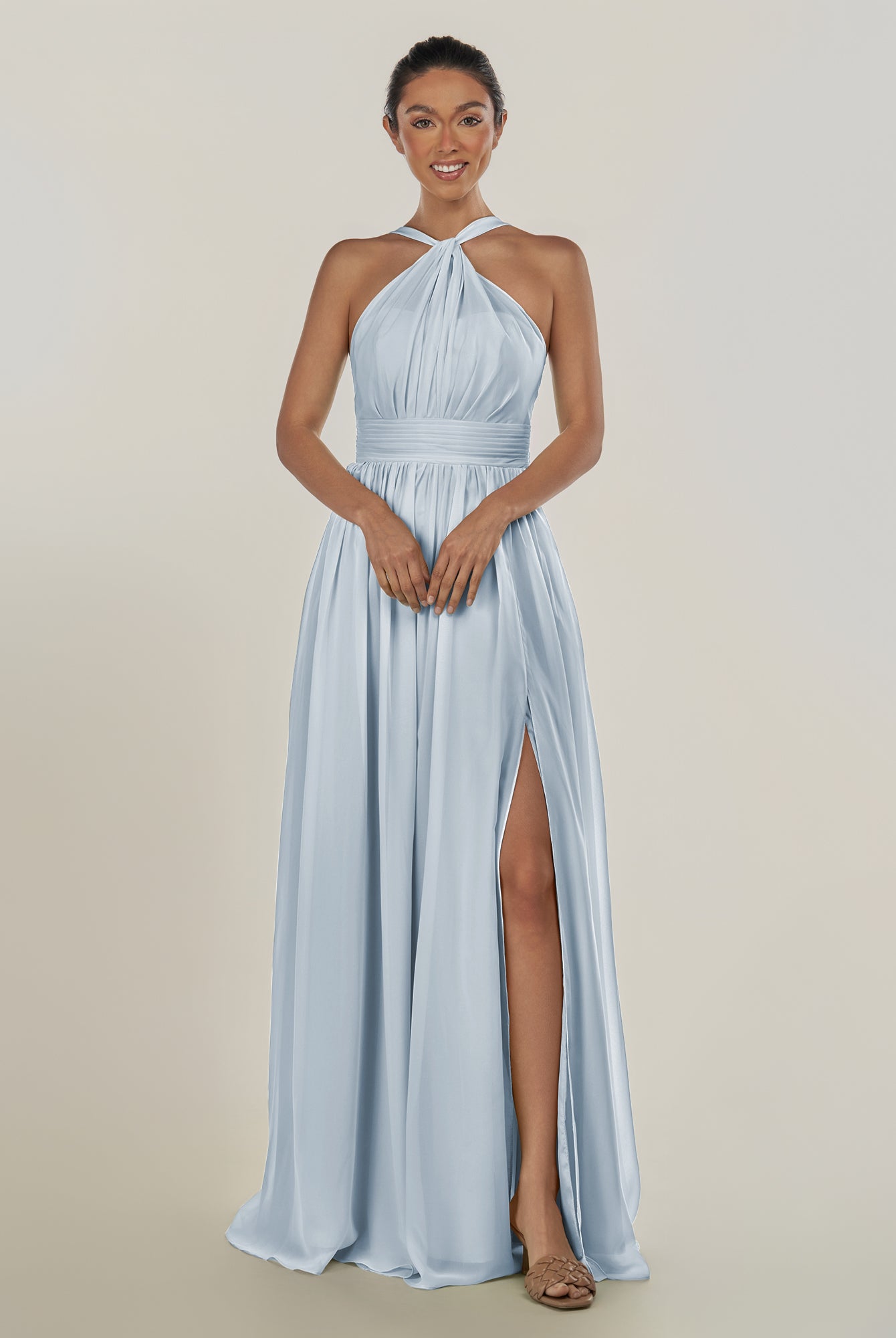 KissDress-Ciri Ice A Line Chiffon Halter Neck Pleated Long Bridesmaid Dress with Slit