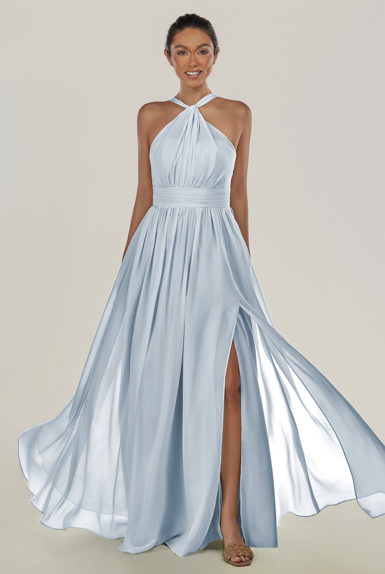 KissDress-Ciri Ice A Line Chiffon Halter Neck Pleated Long Bridesmaid Dress with Slit