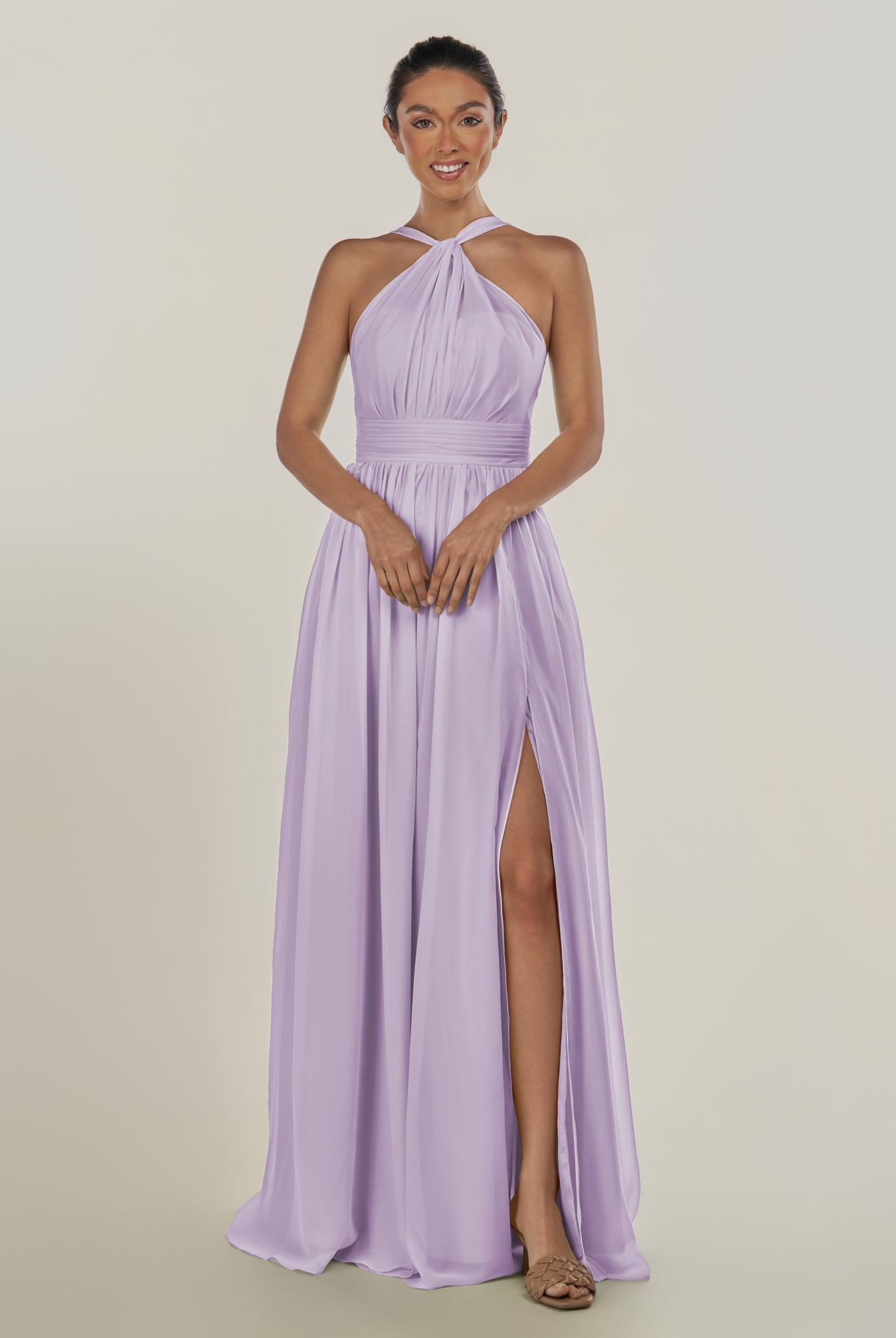 KissDress-Ciri Lavender A Line Chiffon Halter Neck Pleated Long Bridesmaid Dress with Slit