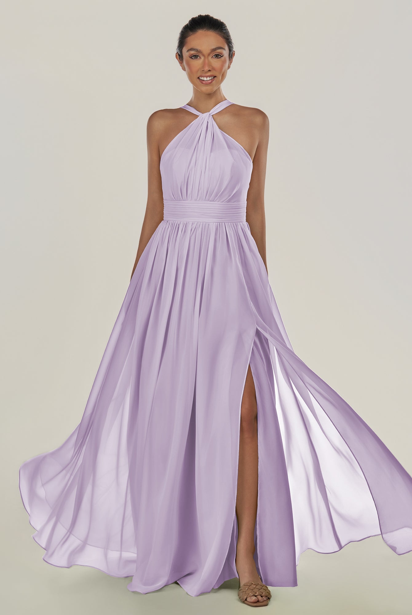KissDress-Ciri Lavender A Line Chiffon Halter Neck Pleated Long Bridesmaid Dress with Slit
