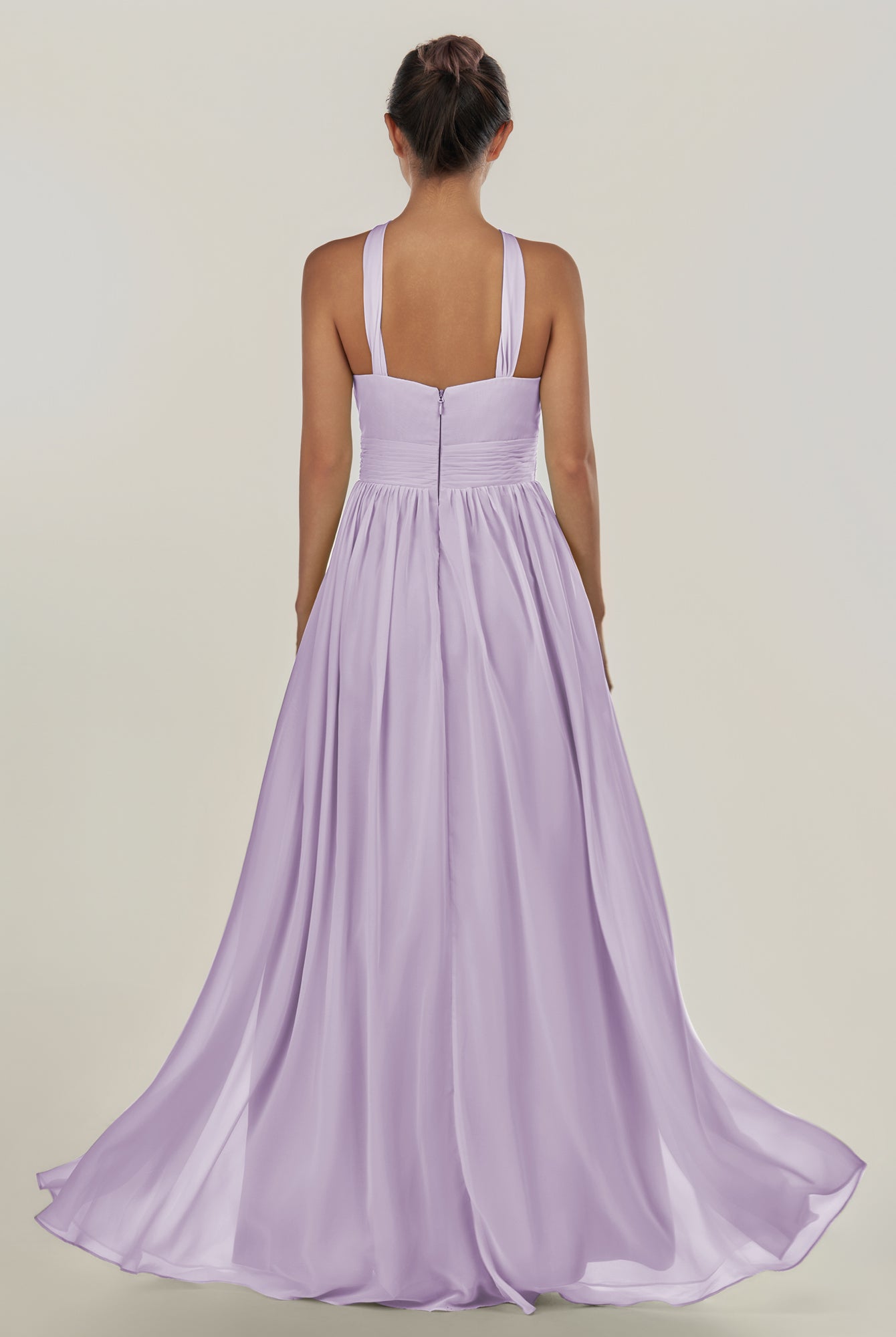 KissDress-Ciri Lavender A Line Chiffon Halter Neck Pleated Long Bridesmaid Dress with Slit