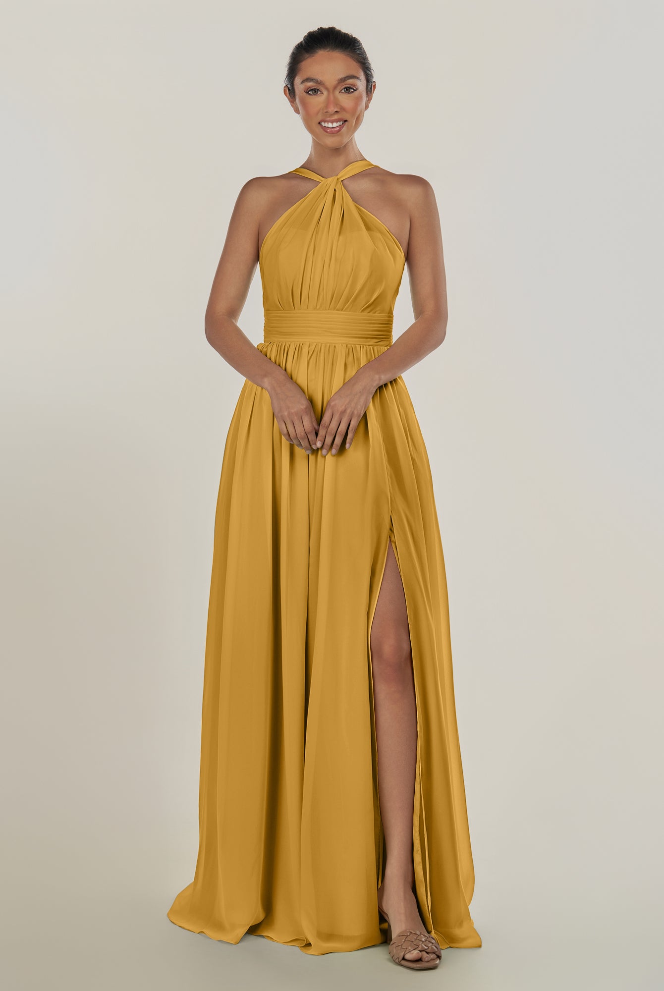 KissDress-Ciri Marigold A Line Chiffon Halter Neck Pleated Long Bridesmaid Dress with Slit