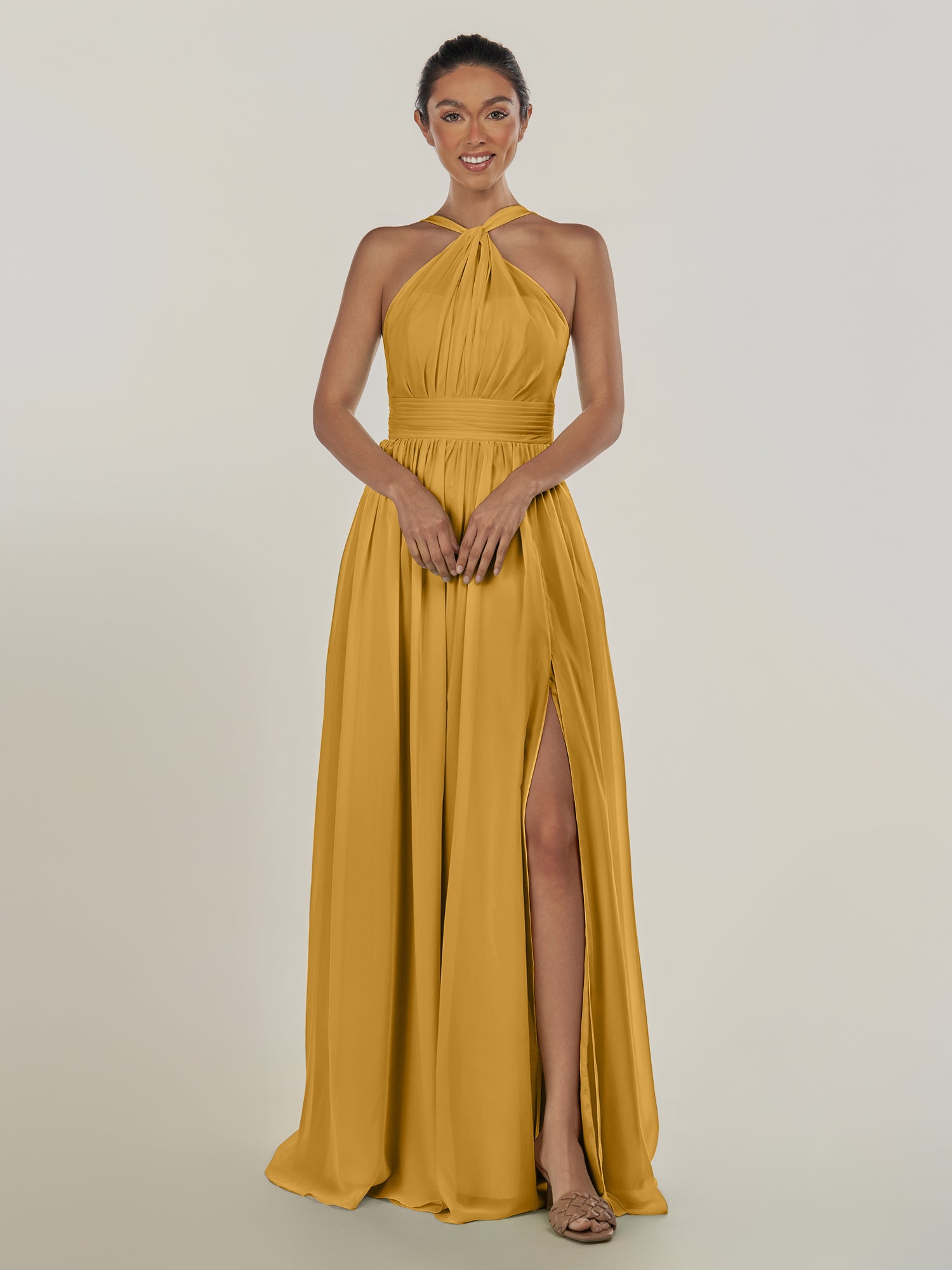 KissDress-Ciri Marigold A Line Chiffon Halter Neck Pleated Long Bridesmaid Dress with Slit