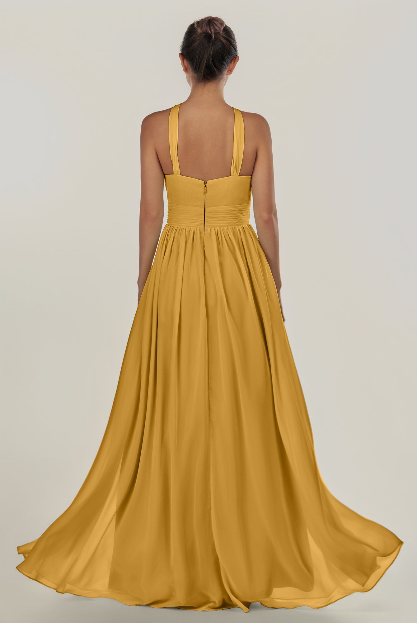 KissDress-Ciri Marigold A Line Chiffon Halter Neck Pleated Long Bridesmaid Dress with Slit