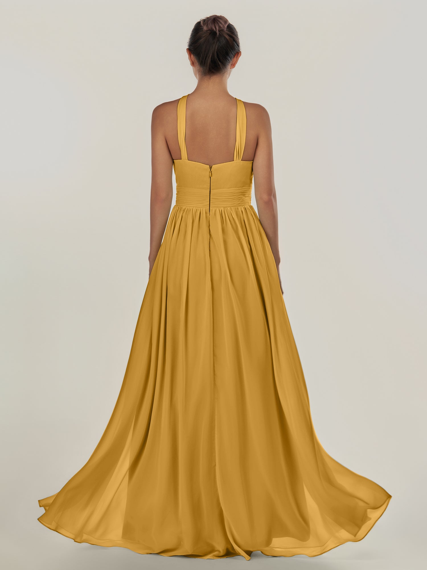 KissDress-Ciri Marigold A Line Chiffon Halter Neck Pleated Long Bridesmaid Dress with Slit