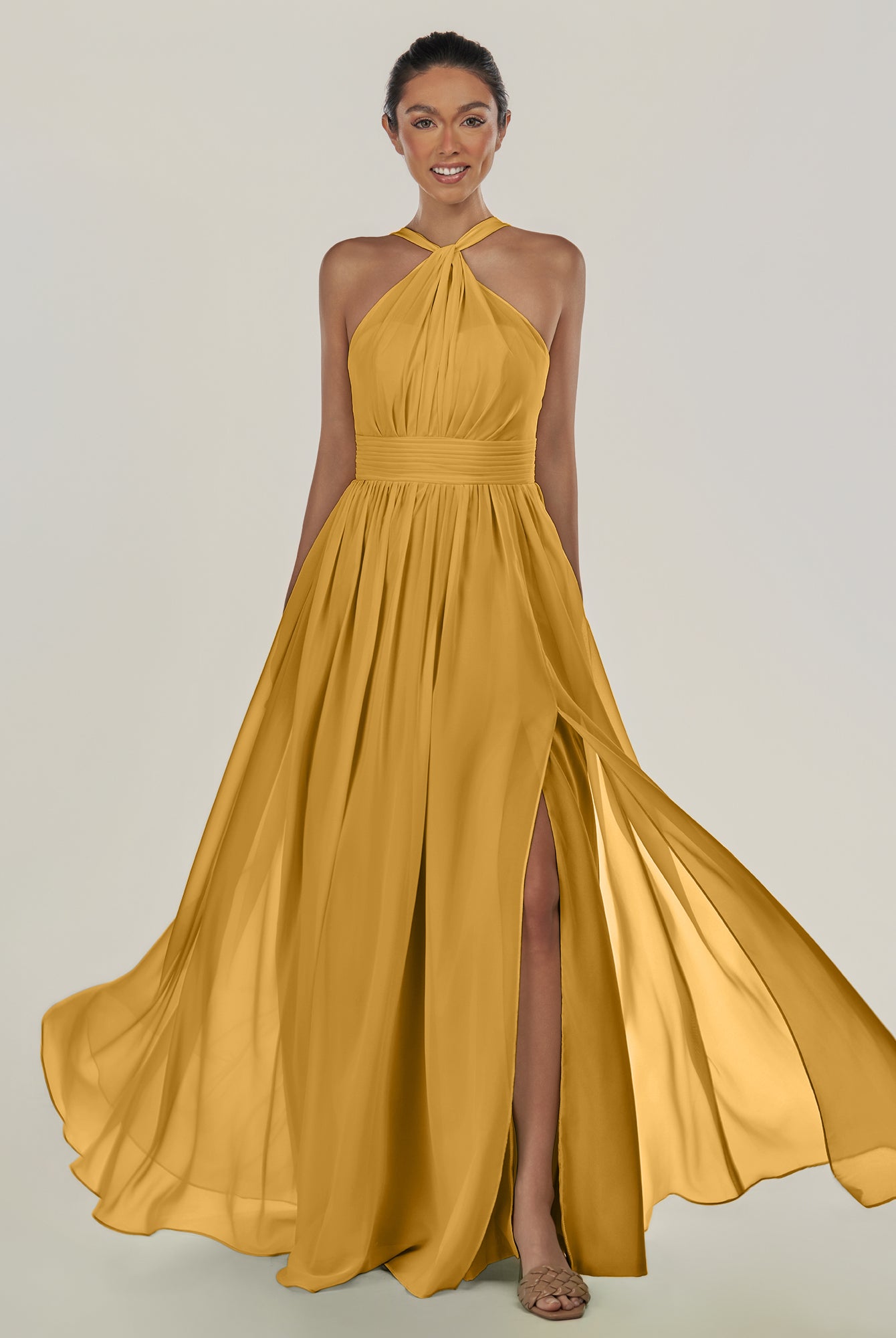 KissDress-Ciri Marigold A Line Chiffon Halter Neck Pleated Long Bridesmaid Dress with Slit