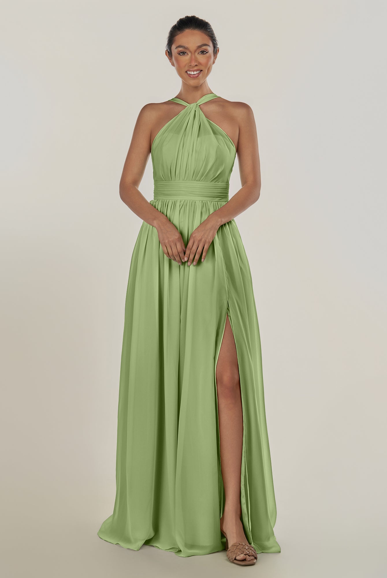 KissDress-Ciri Matcha A Line Chiffon Halter Neck Pleated Long Bridesmaid Dress with Slit
