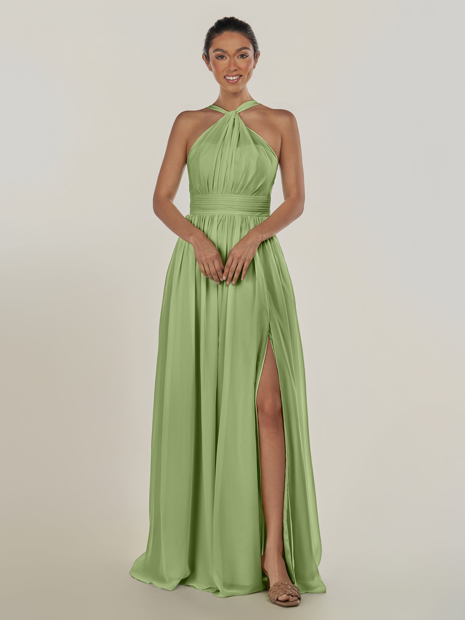 KissDress-Ciri Matcha A Line Chiffon Halter Neck Pleated Long Bridesmaid Dress with Slit