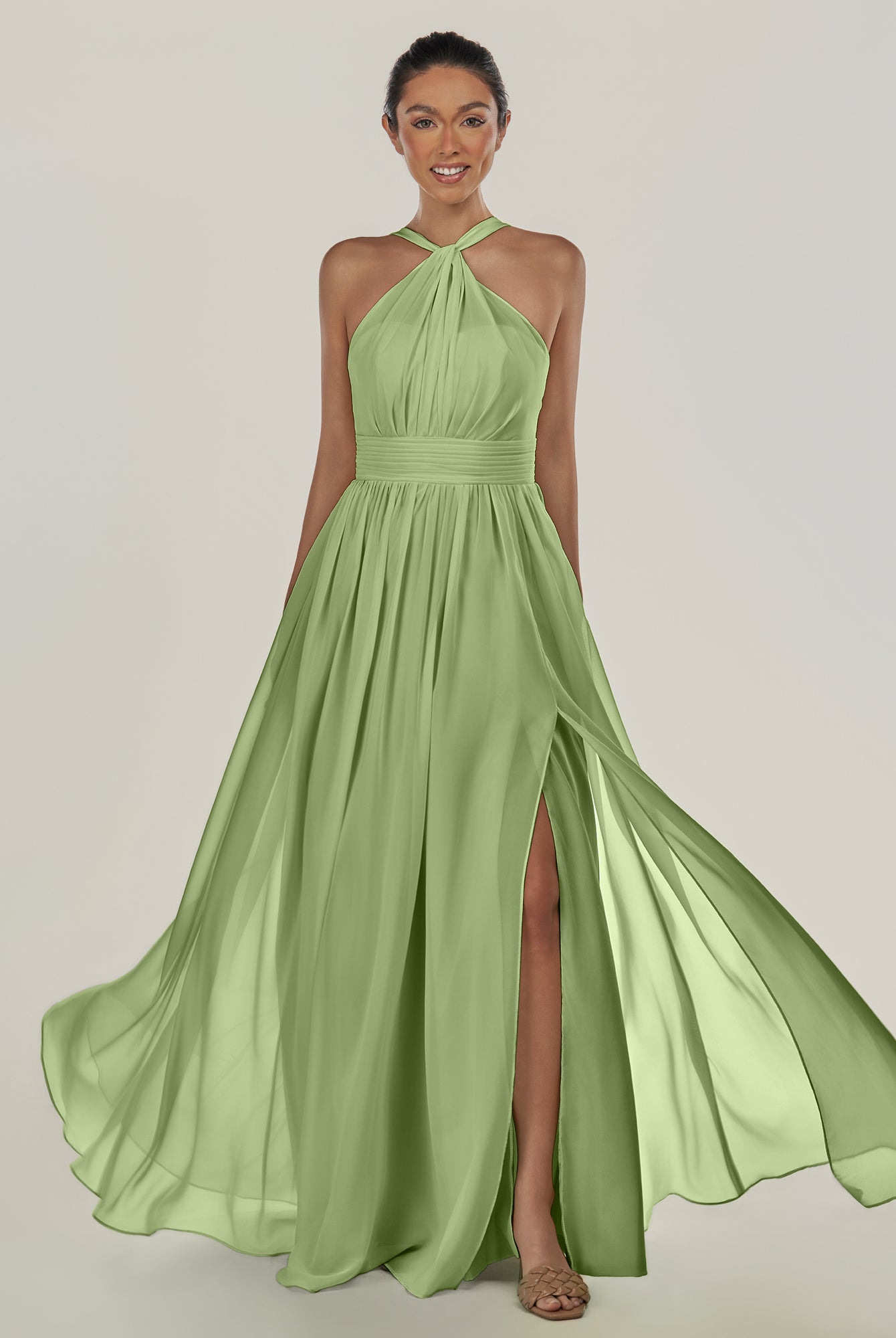 KissDress-Ciri Matcha A Line Chiffon Halter Neck Pleated Long Bridesmaid Dress with Slit