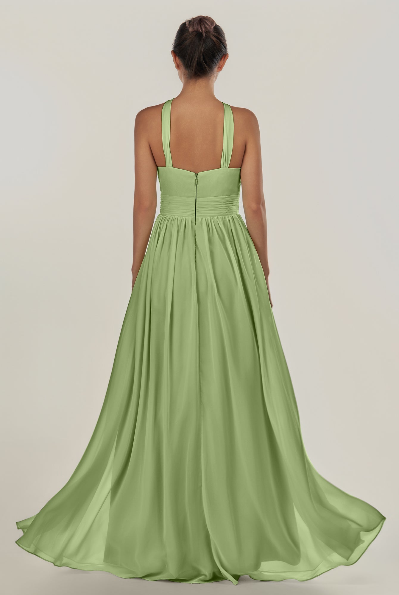 KissDress-Ciri Matcha A Line Chiffon Halter Neck Pleated Long Bridesmaid Dress with Slit
