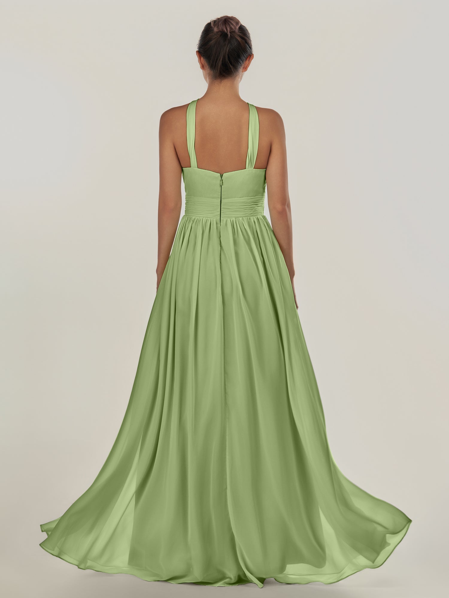 KissDress-Ciri Matcha A Line Chiffon Halter Neck Pleated Long Bridesmaid Dress with Slit