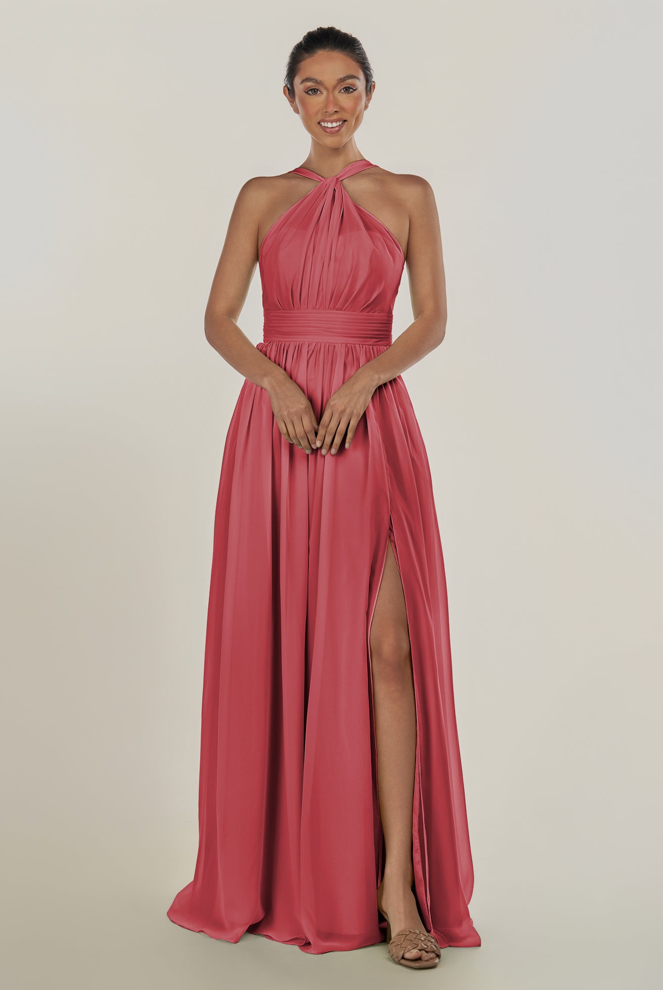 KissDress-Ciri Merlot A Line Chiffon Halter Neck Pleated Long Bridesmaid Dress with Slit