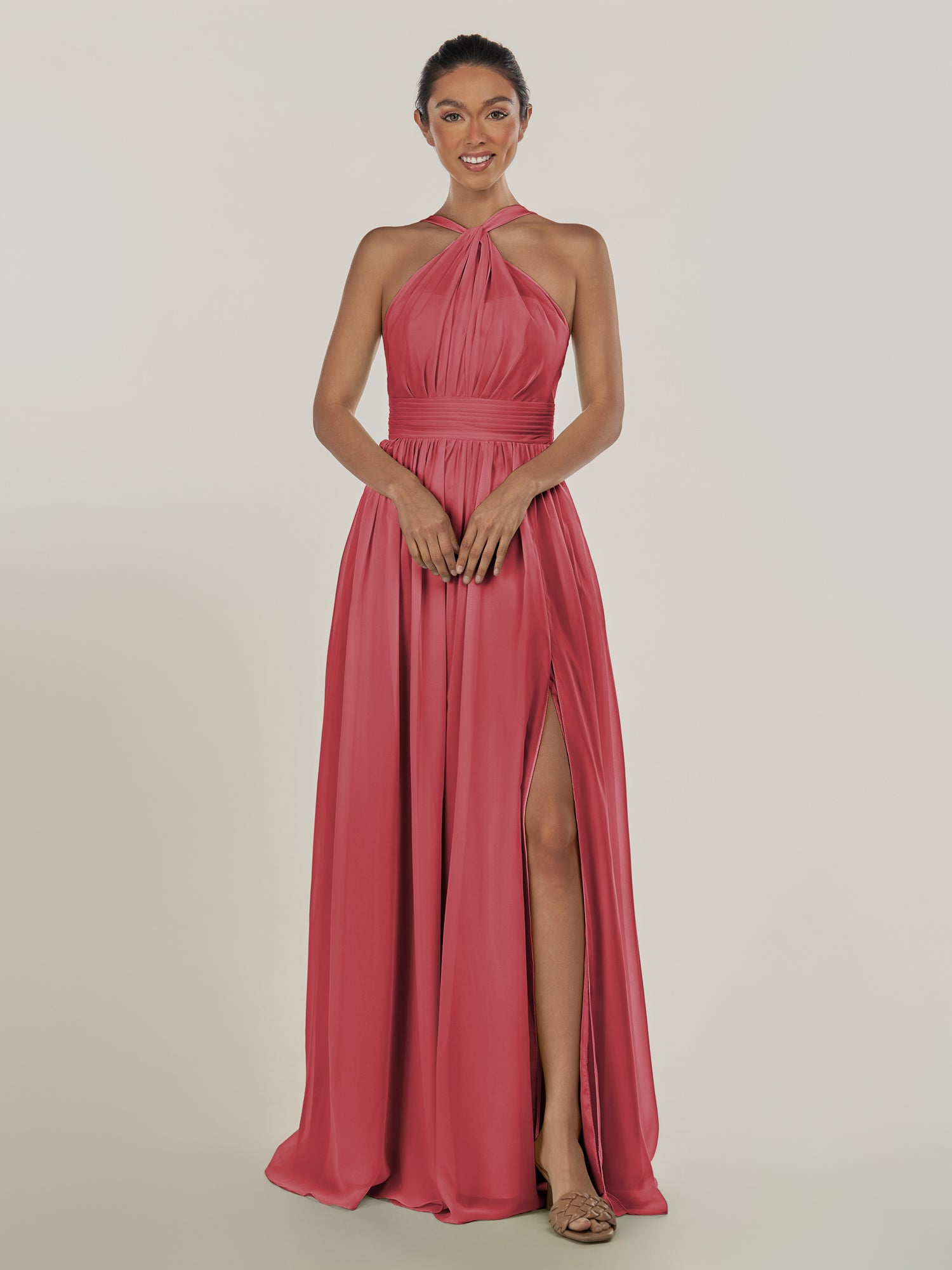 KissDress-Ciri Merlot A Line Chiffon Halter Neck Pleated Long Bridesmaid Dress with Slit
