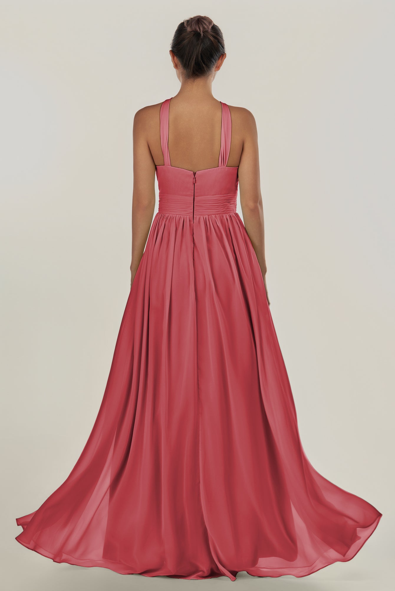 KissDress-Ciri Merlot A Line Chiffon Halter Neck Pleated Long Bridesmaid Dress with Slit