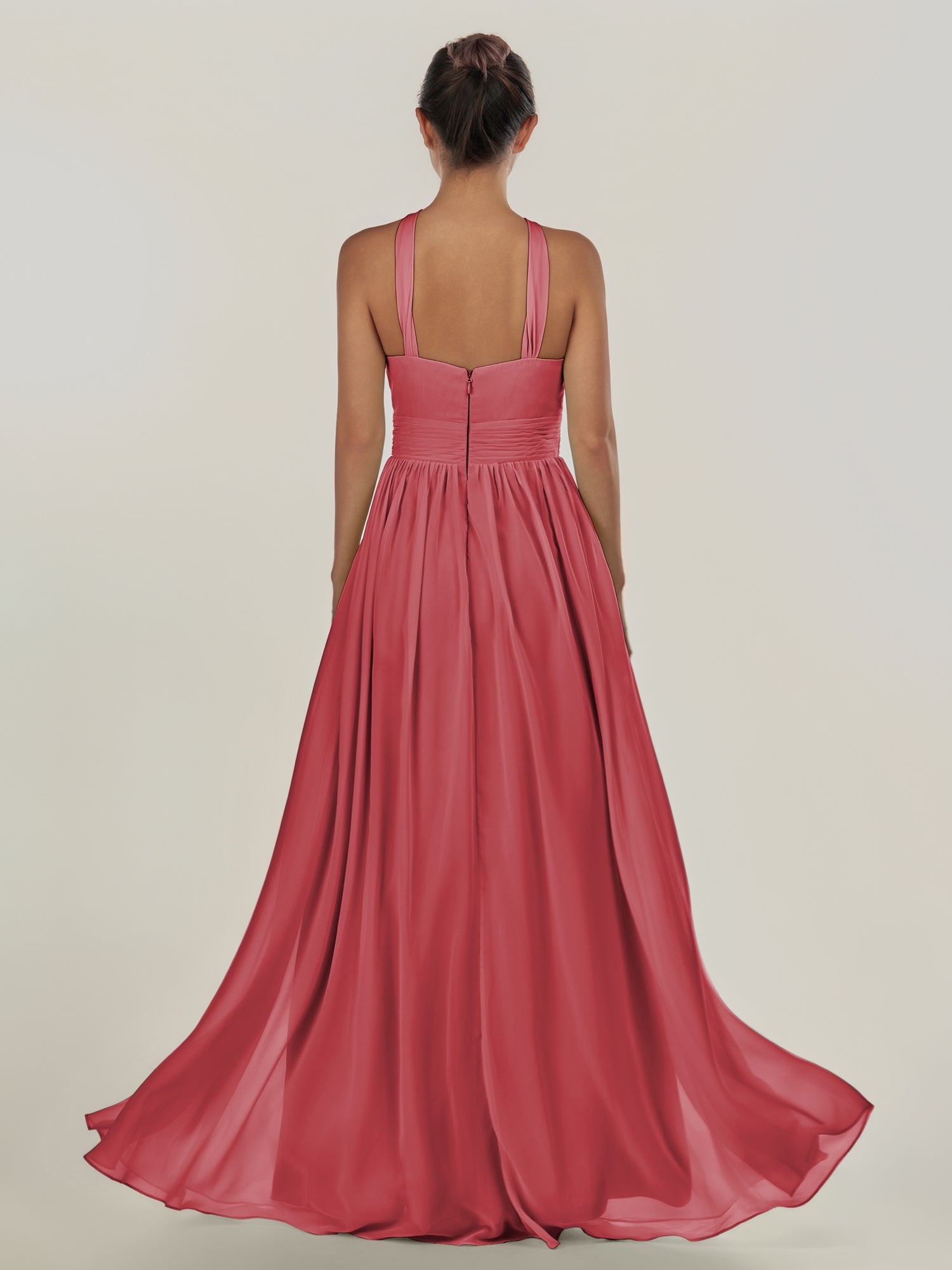 KissDress-Ciri Merlot A Line Chiffon Halter Neck Pleated Long Bridesmaid Dress with Slit