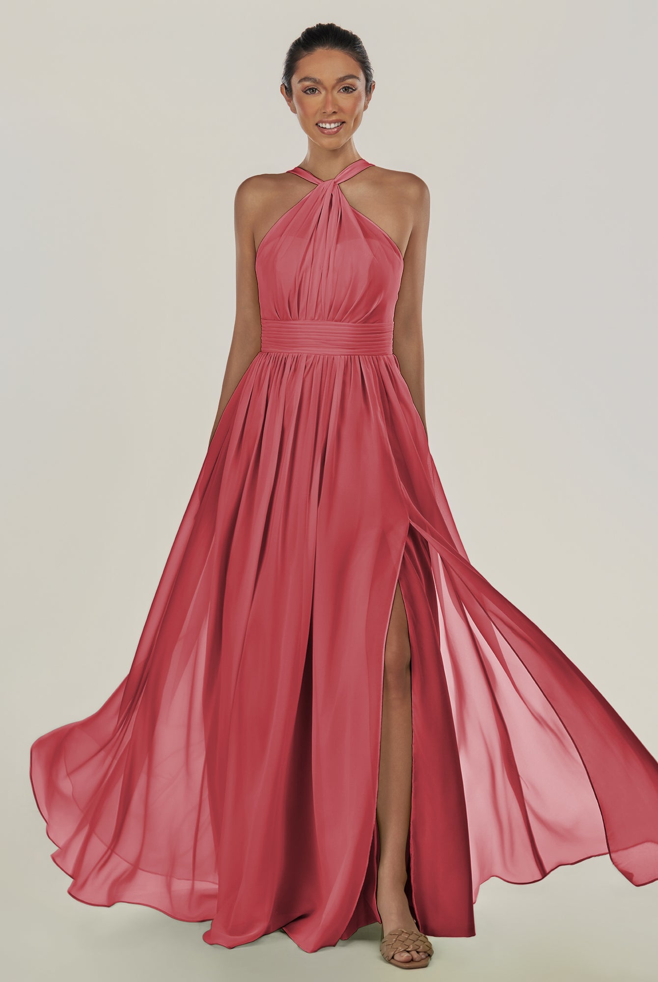 KissDress-Ciri Merlot A Line Chiffon Halter Neck Pleated Long Bridesmaid Dress with Slit