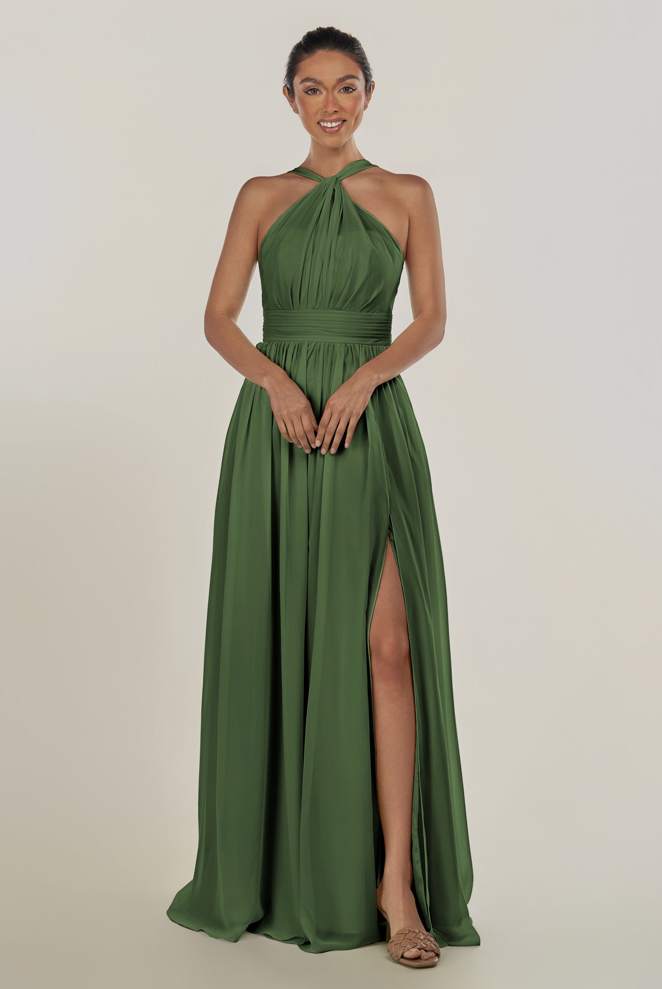KissDress-Ciri Moss A Line Chiffon Halter Neck Pleated Long Bridesmaid Dress with Slit