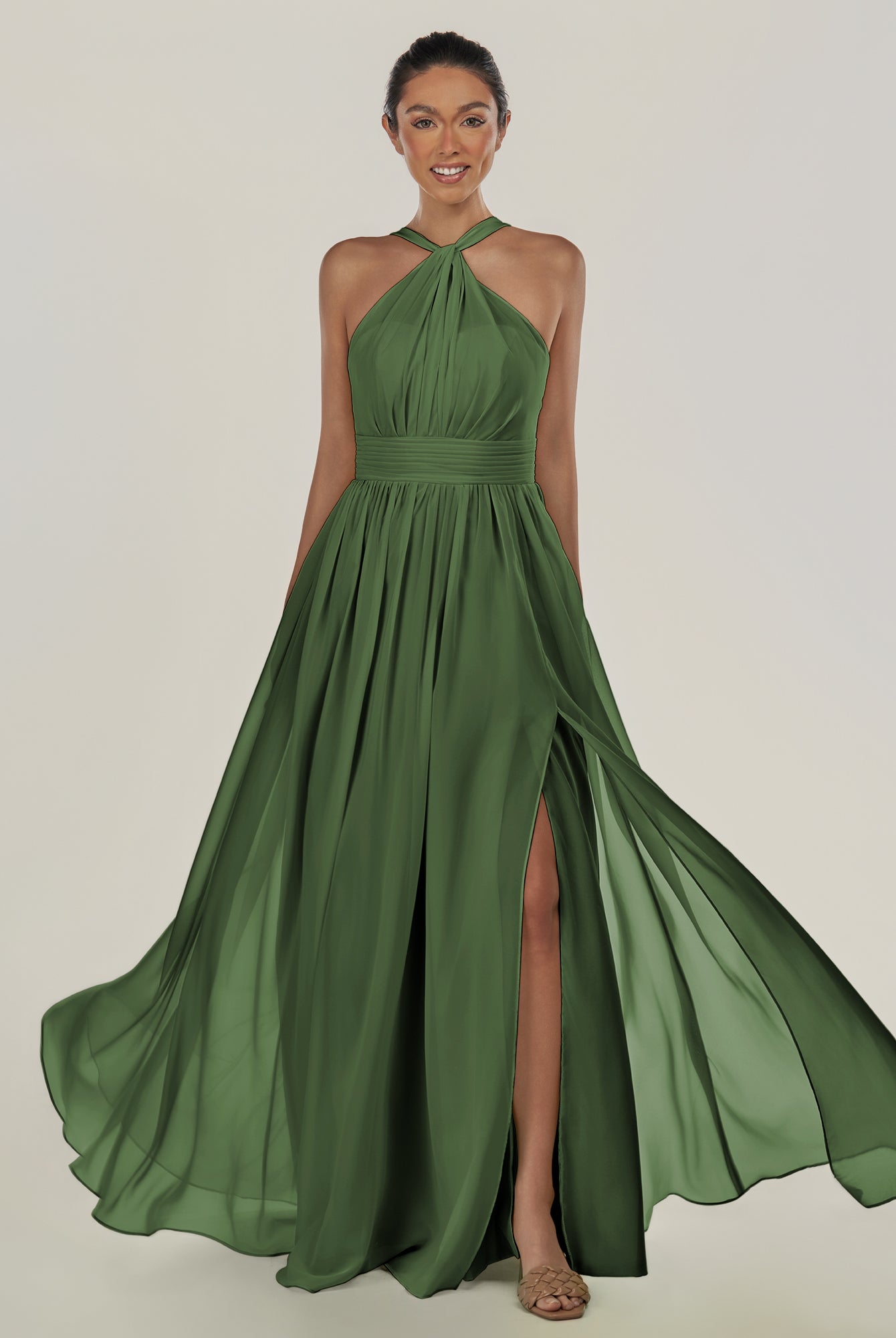 KissDress-Ciri Moss A Line Chiffon Halter Neck Pleated Long Bridesmaid Dress with Slit