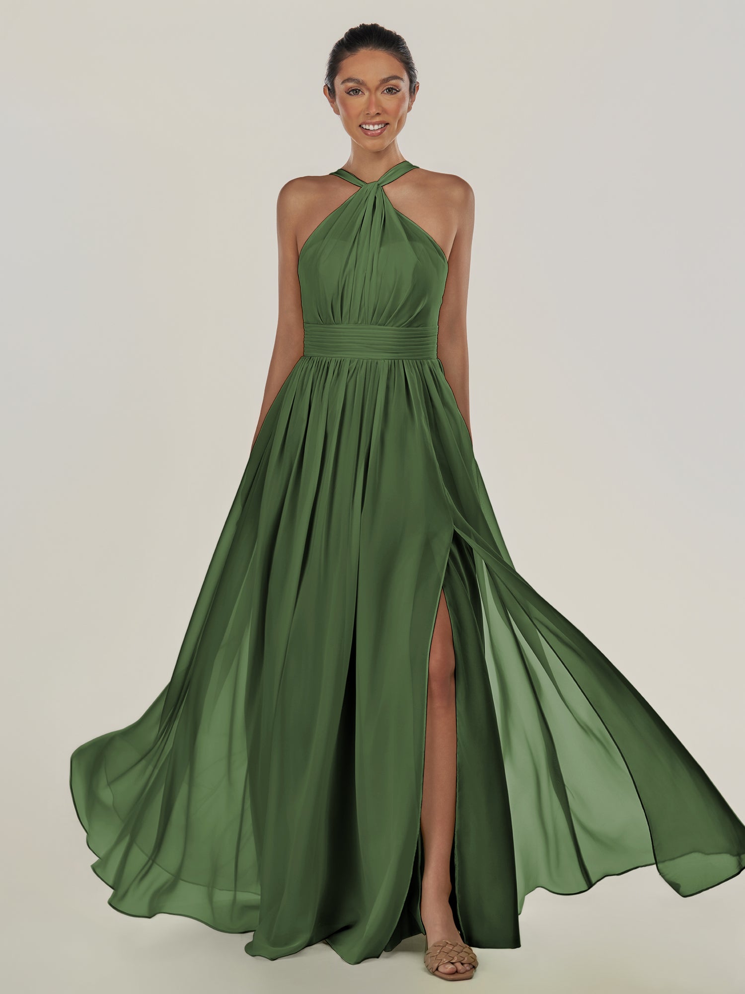 KissDress-Ciri Moss A Line Chiffon Halter Neck Pleated Long Bridesmaid Dress with Slit