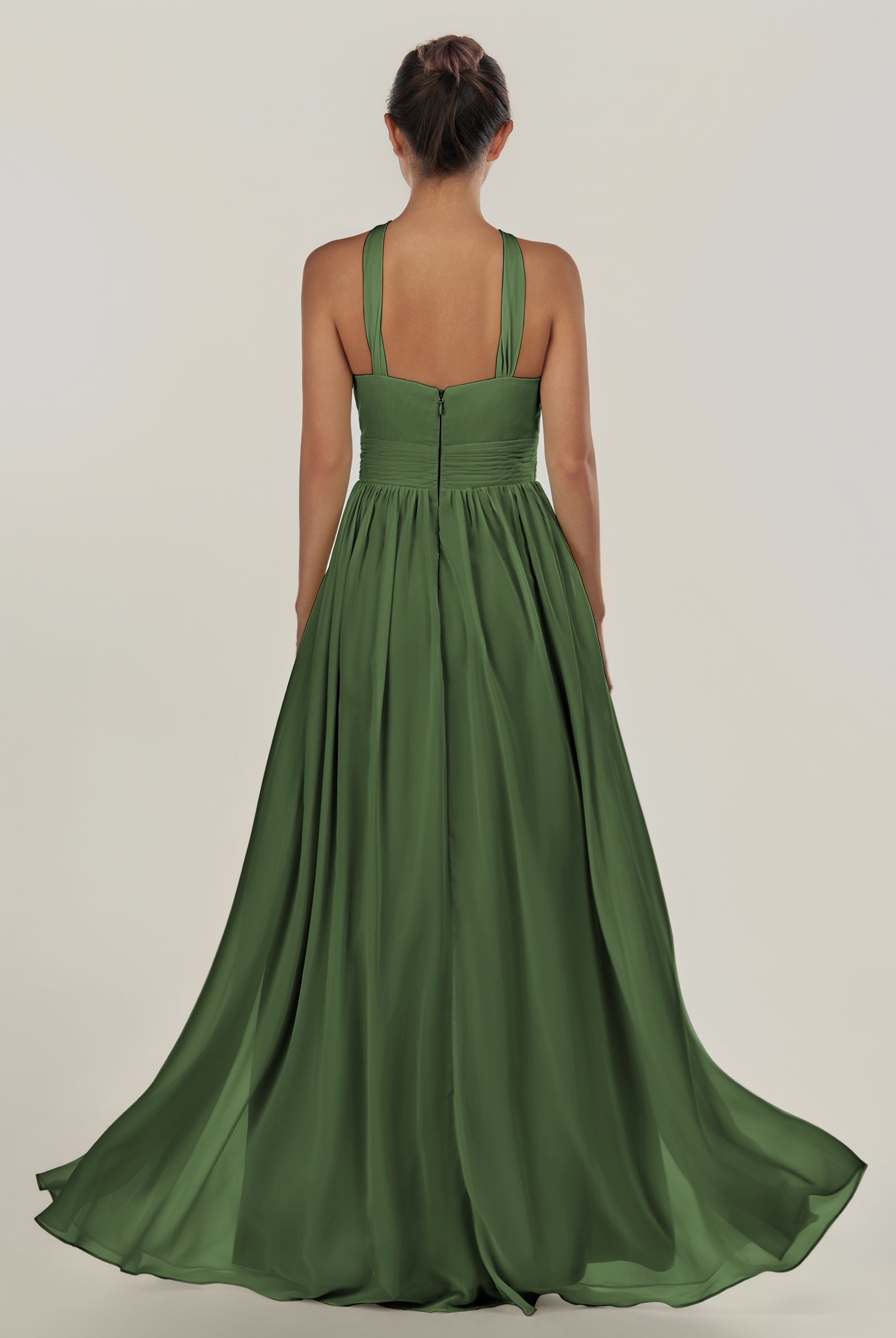 KissDress-Ciri Moss A Line Chiffon Halter Neck Pleated Long Bridesmaid Dress with Slit