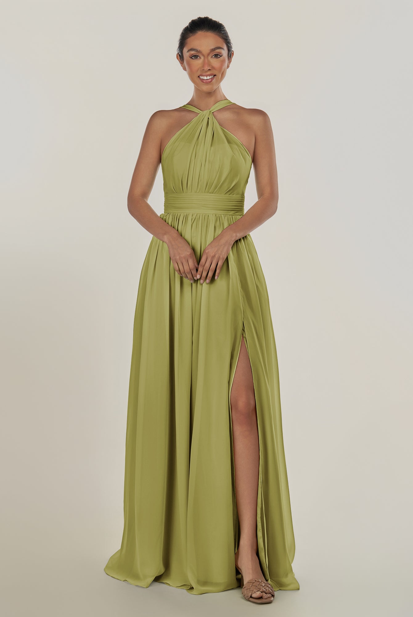KissDress-Ciri Moss Green A Line Chiffon Halter Neck Pleated Long Bridesmaid Dress with Slit