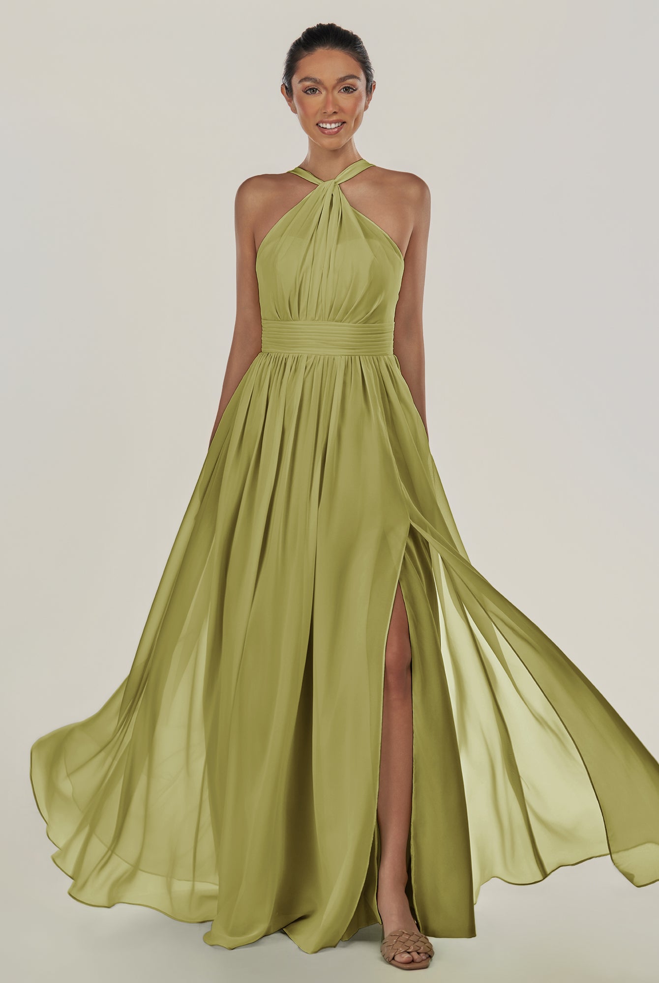 KissDress-Ciri Moss Green A Line Chiffon Halter Neck Pleated Long Bridesmaid Dress with Slit