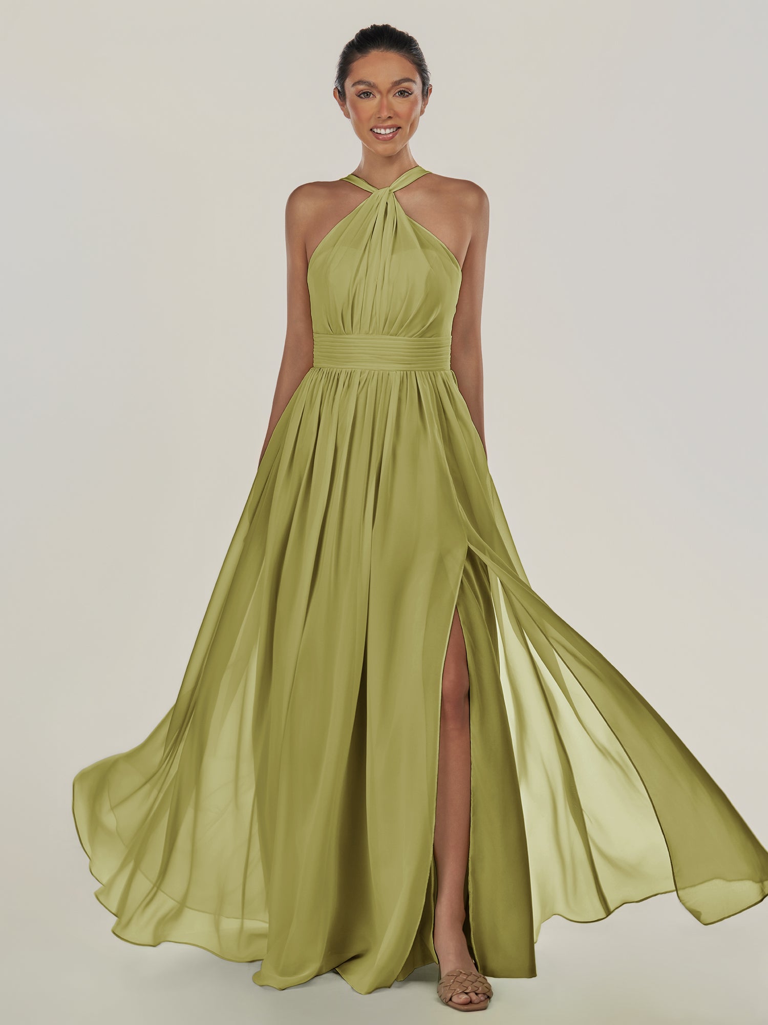 KissDress-Ciri Moss Green A Line Chiffon Halter Neck Pleated Long Bridesmaid Dress with Slit